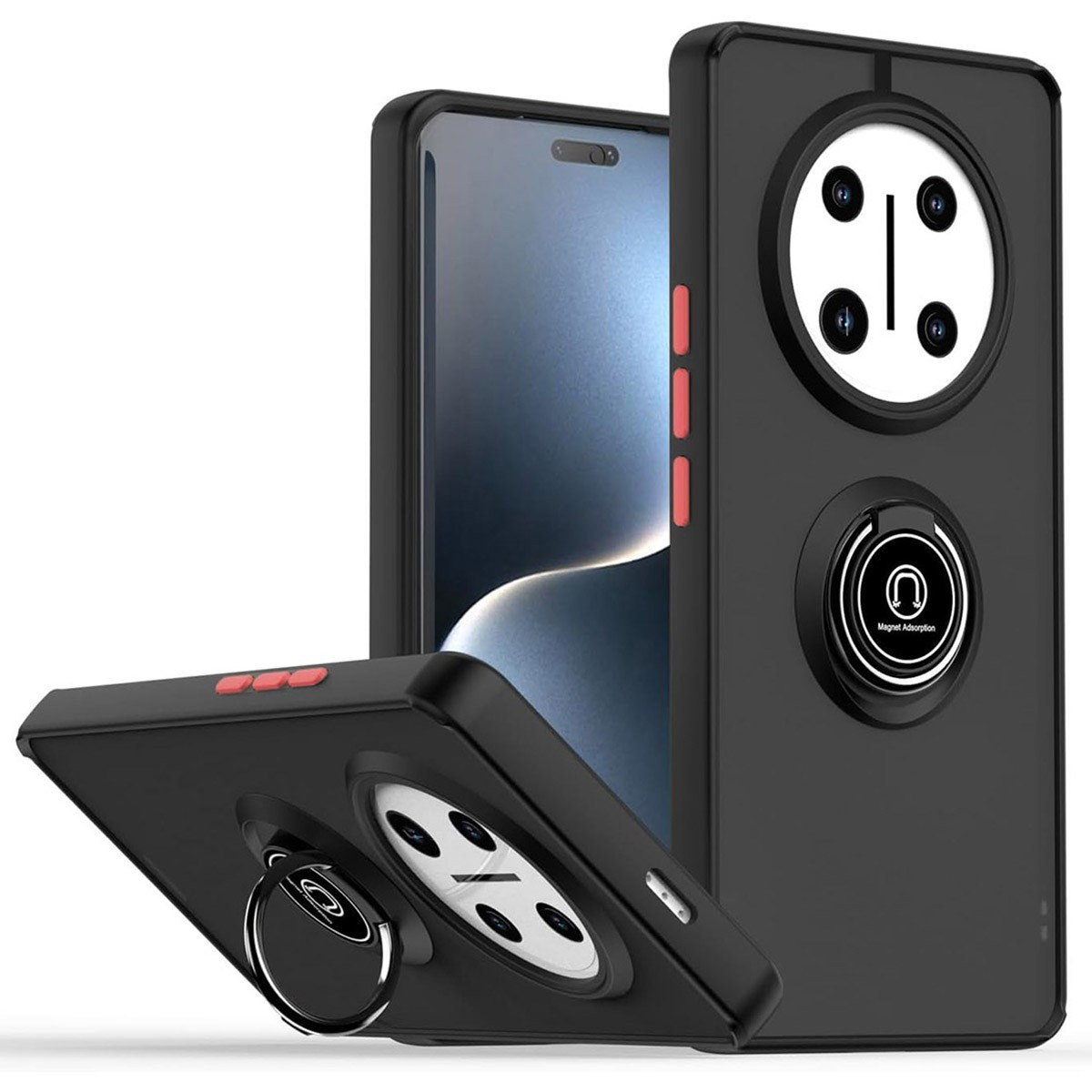 Funda de teléfono negra con módulo de cámara y soporte de anillo, varios ángulos.