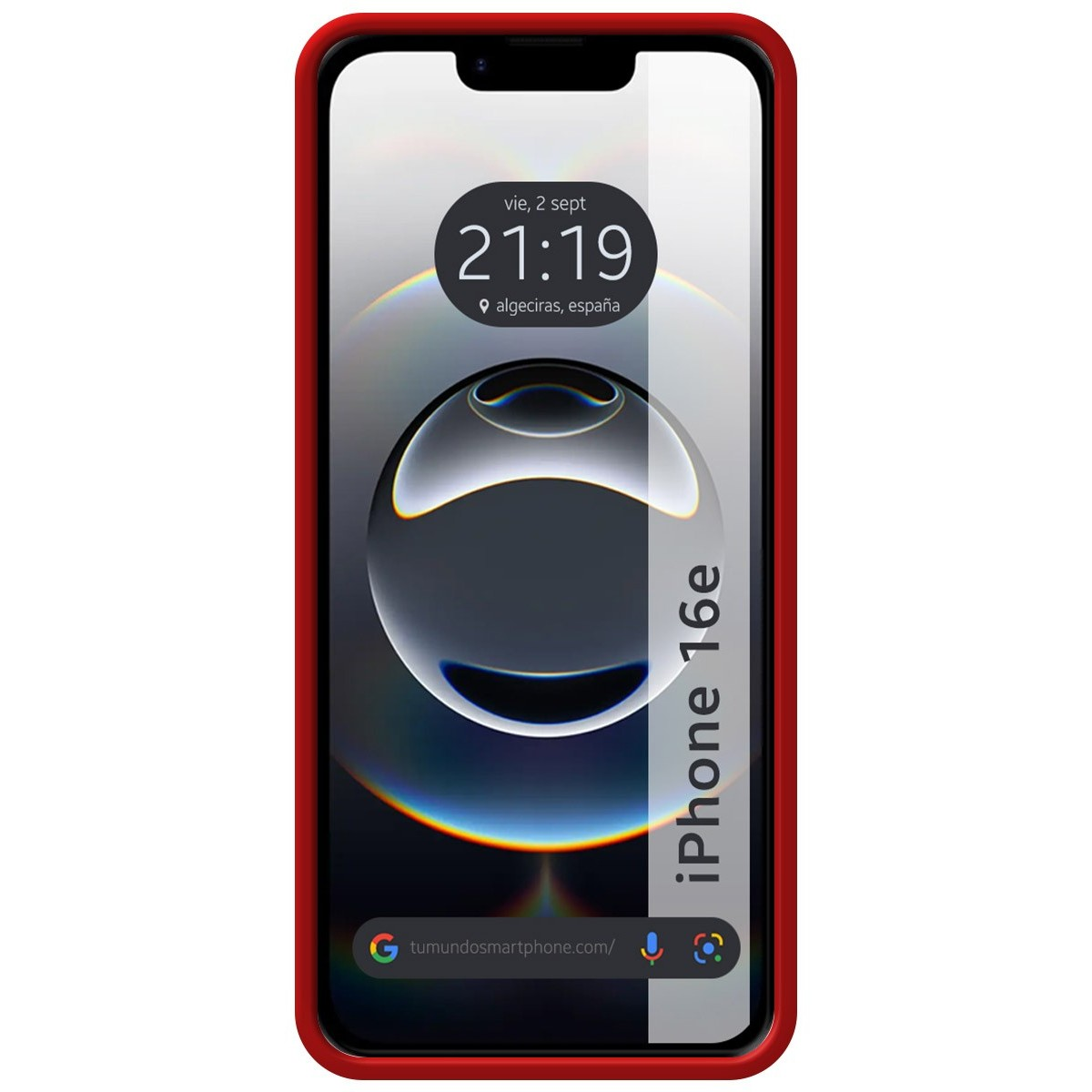 iPhone 16e in una custodia rossa. Lo schermo mostra ora e posizione.