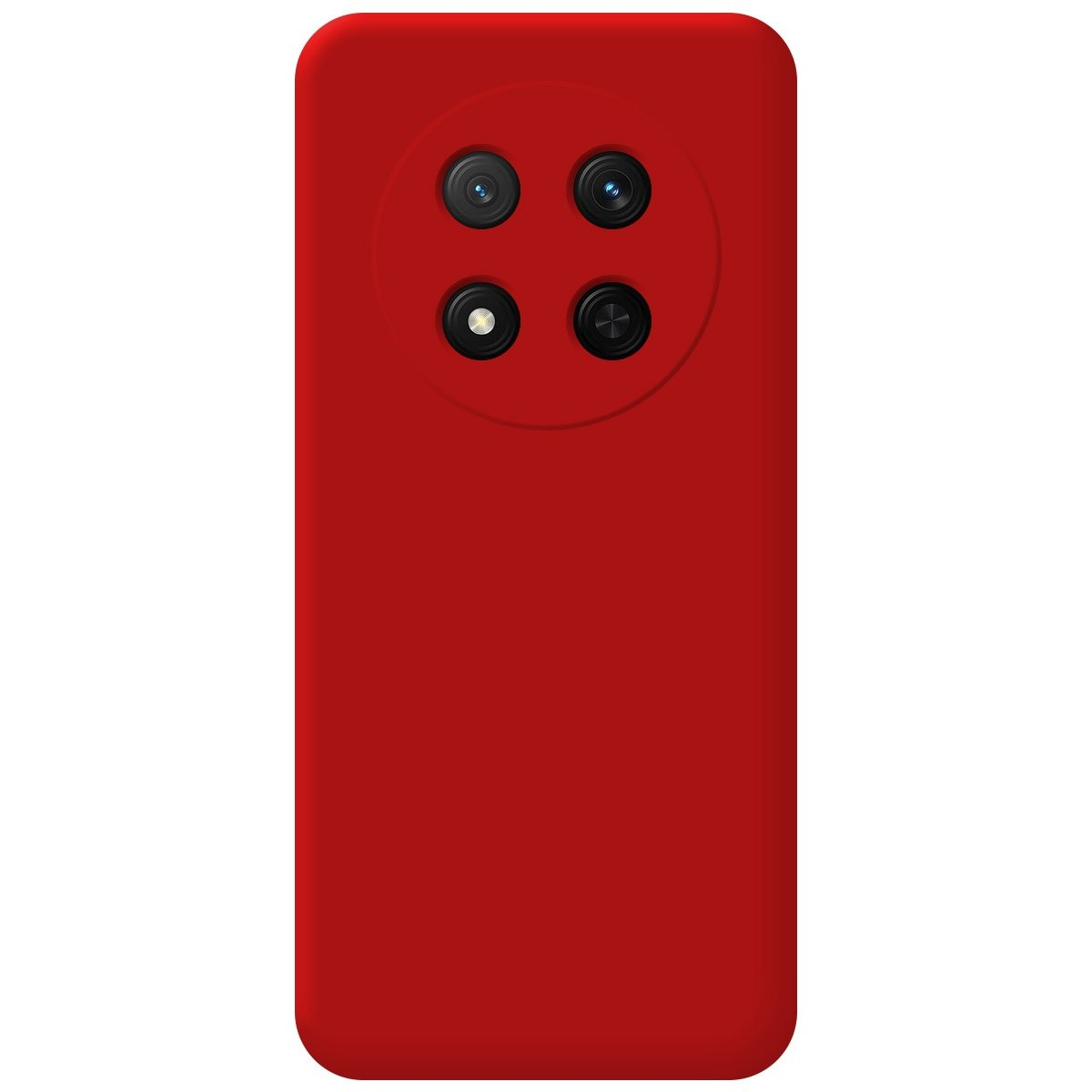 Custodia rossa per telefono. Ha un'area rotonda per la fotocamera con quattro lenti.