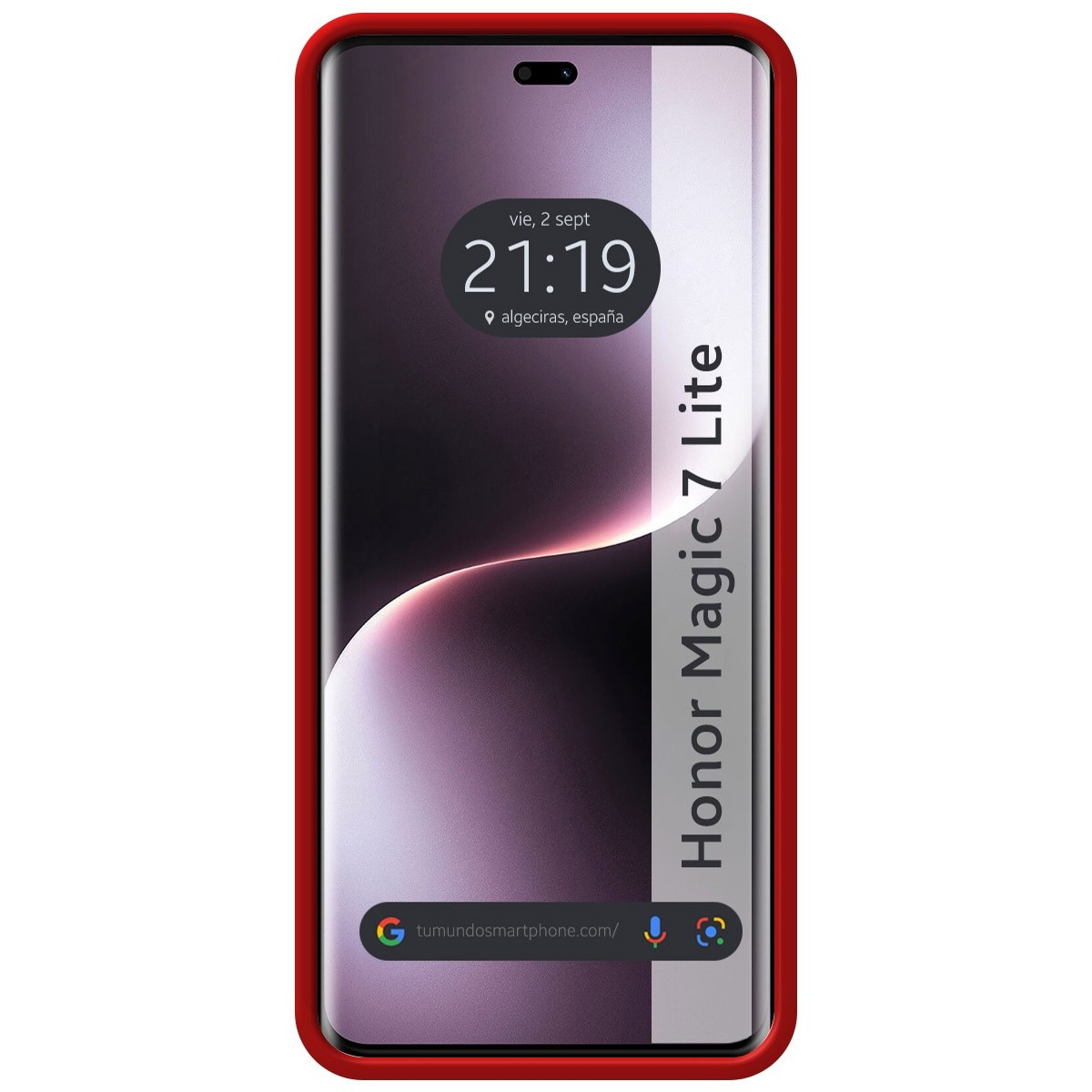 Smartphone con custodia rossa e visualizzazione dell'ora sullo schermo.