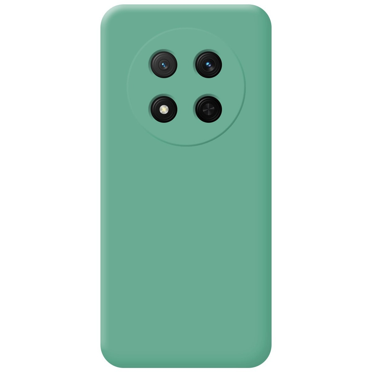 Custodia verde per telefono con quattro fotocamere sul retro. Sfondo bianco.
