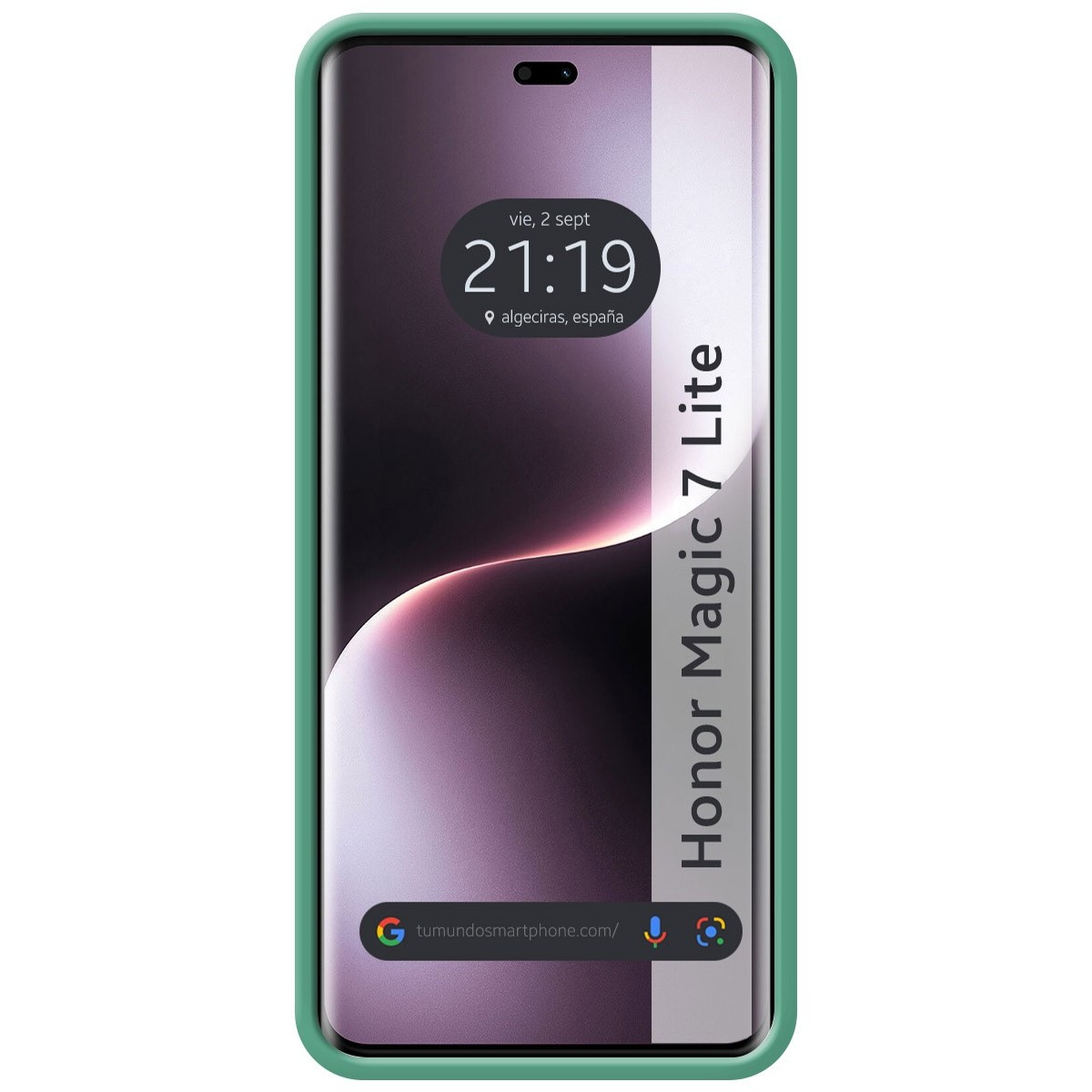 Schermo del telefono. Il telefono mostra lo schermo con l'ora e le parole 'Honor Magic 7 Lite'. Custodia verde.