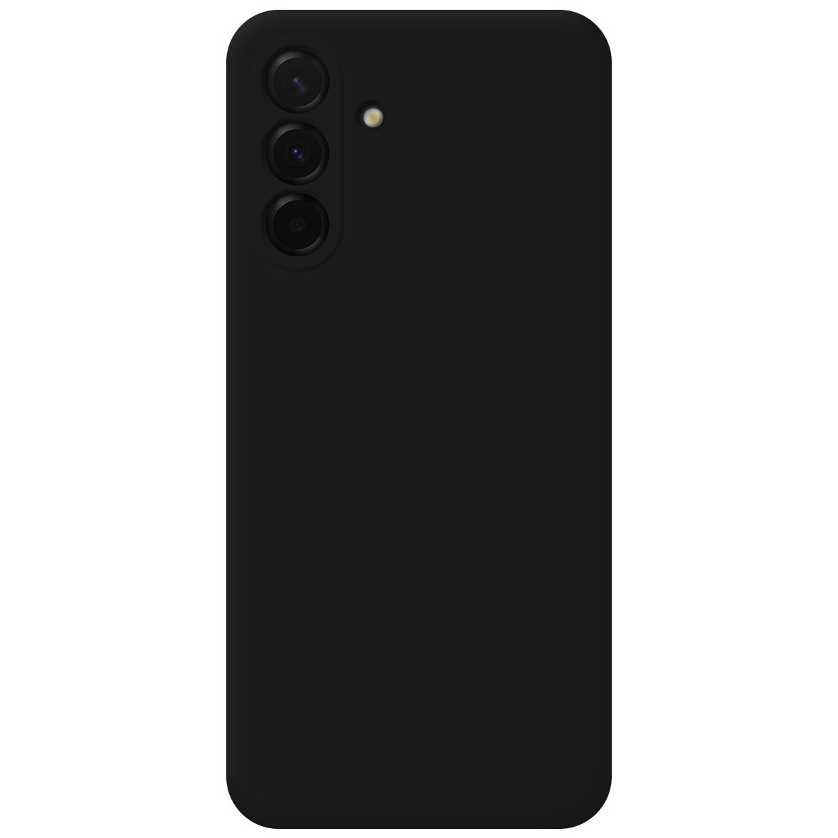 Funda de teléfono negra con tres lentes de cámara y un flash en la parte trasera.