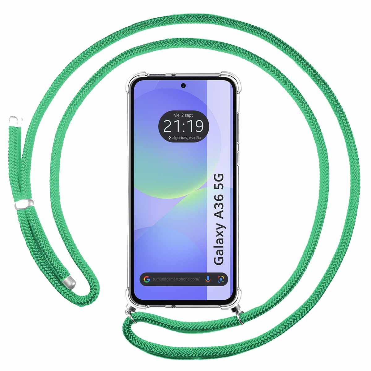 Custodia trasparente con cinturino in corda verde. Il telefono mostra ora e luogo. È un Galaxy A36 5G.