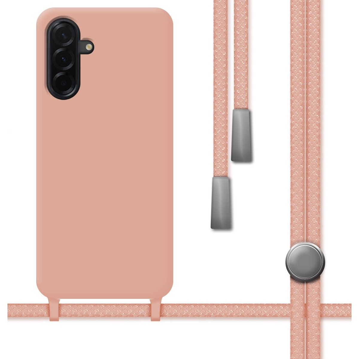 Custodia per telefono rosa con un cordino rosa attaccato.