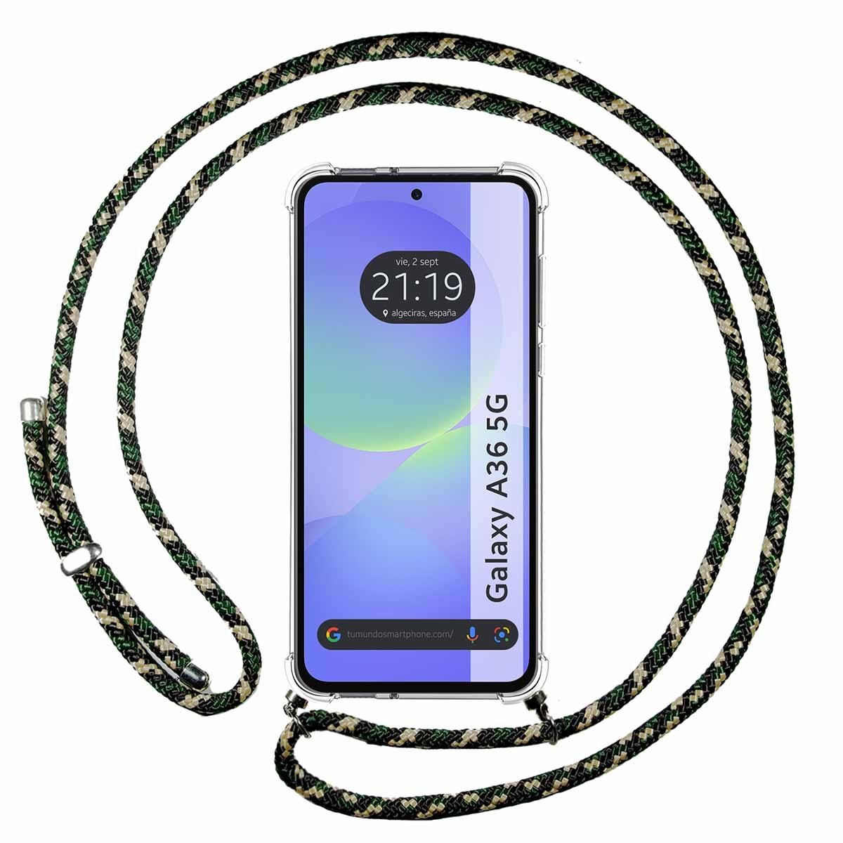 Telefono Galaxy A36 5G con cordino. Lo schermo mostra ora e posizione.