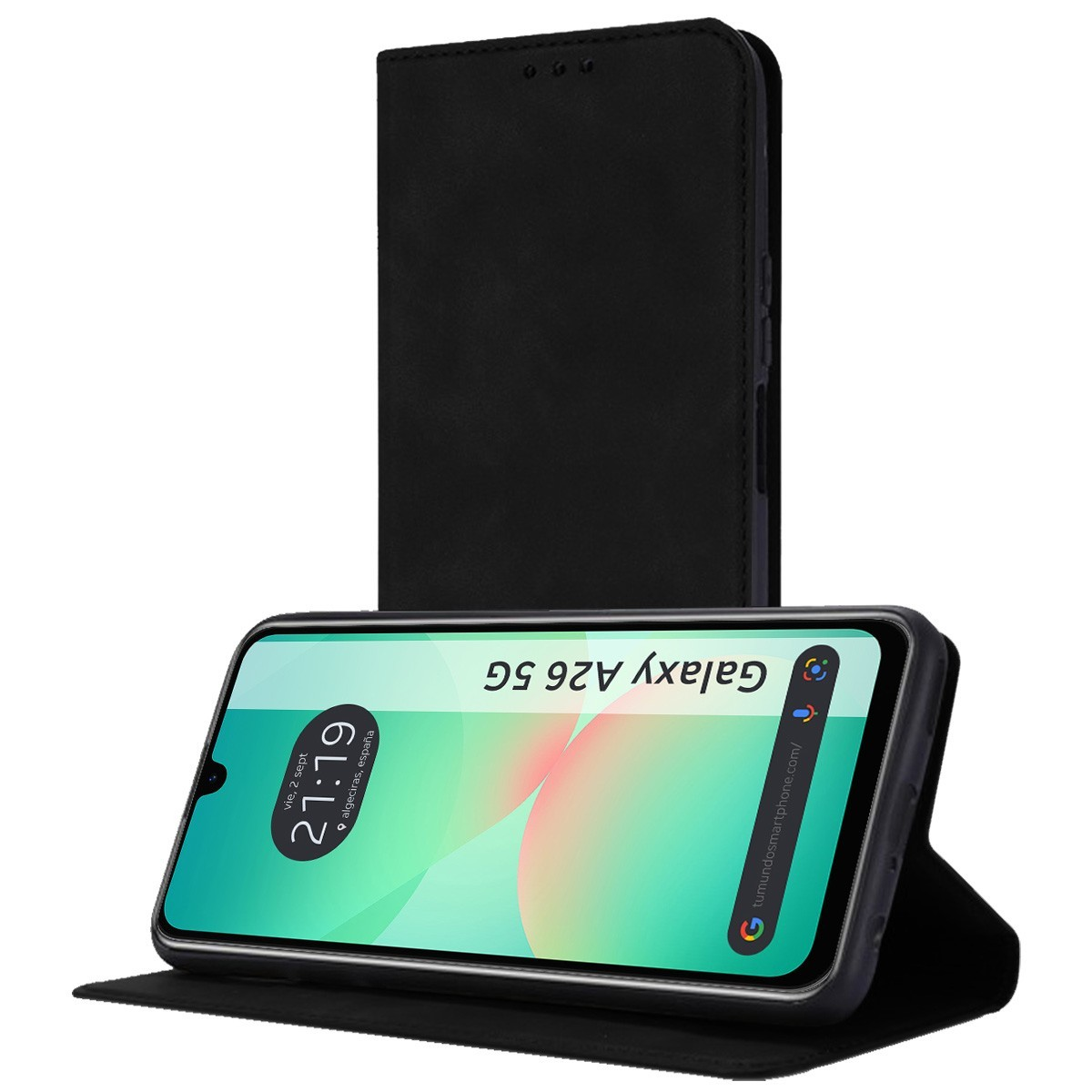 Custodia per telefono con un telefono che mostra l'ora e le parole 'Galaxy A26 5G'. Custodia in pelle nera.