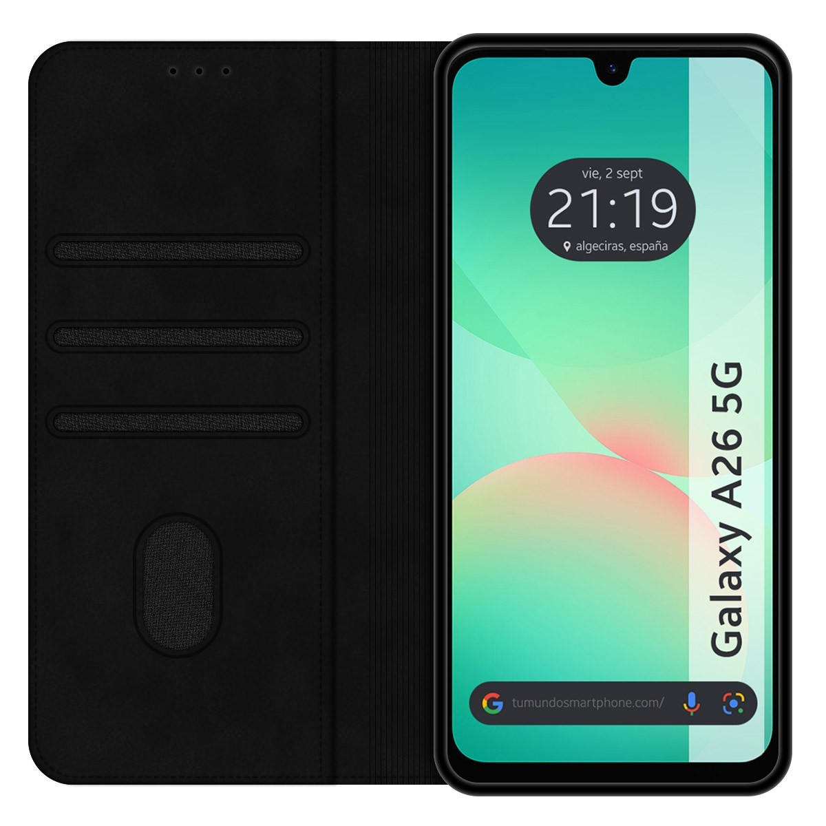 Custodia per telefono nera, aperta per mostrare un telefono con interfaccia. Mostra l'ora e la posizione. Il telefono è Galaxy A26 5G.