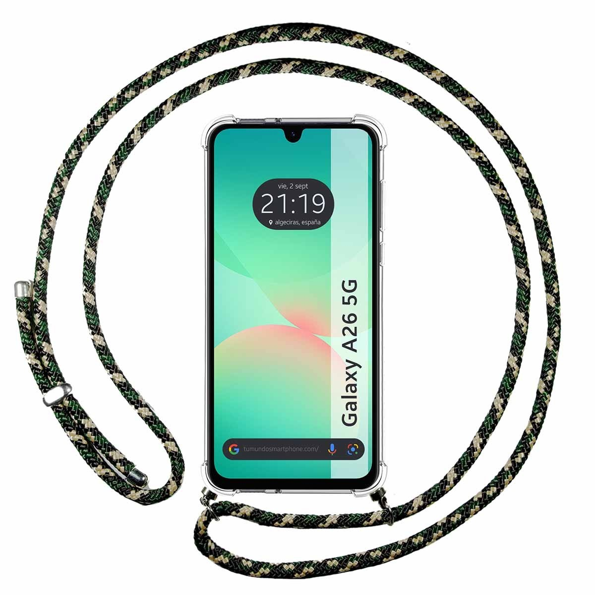 Un telefono è tenuto da un cordino con motivo nero e verde.