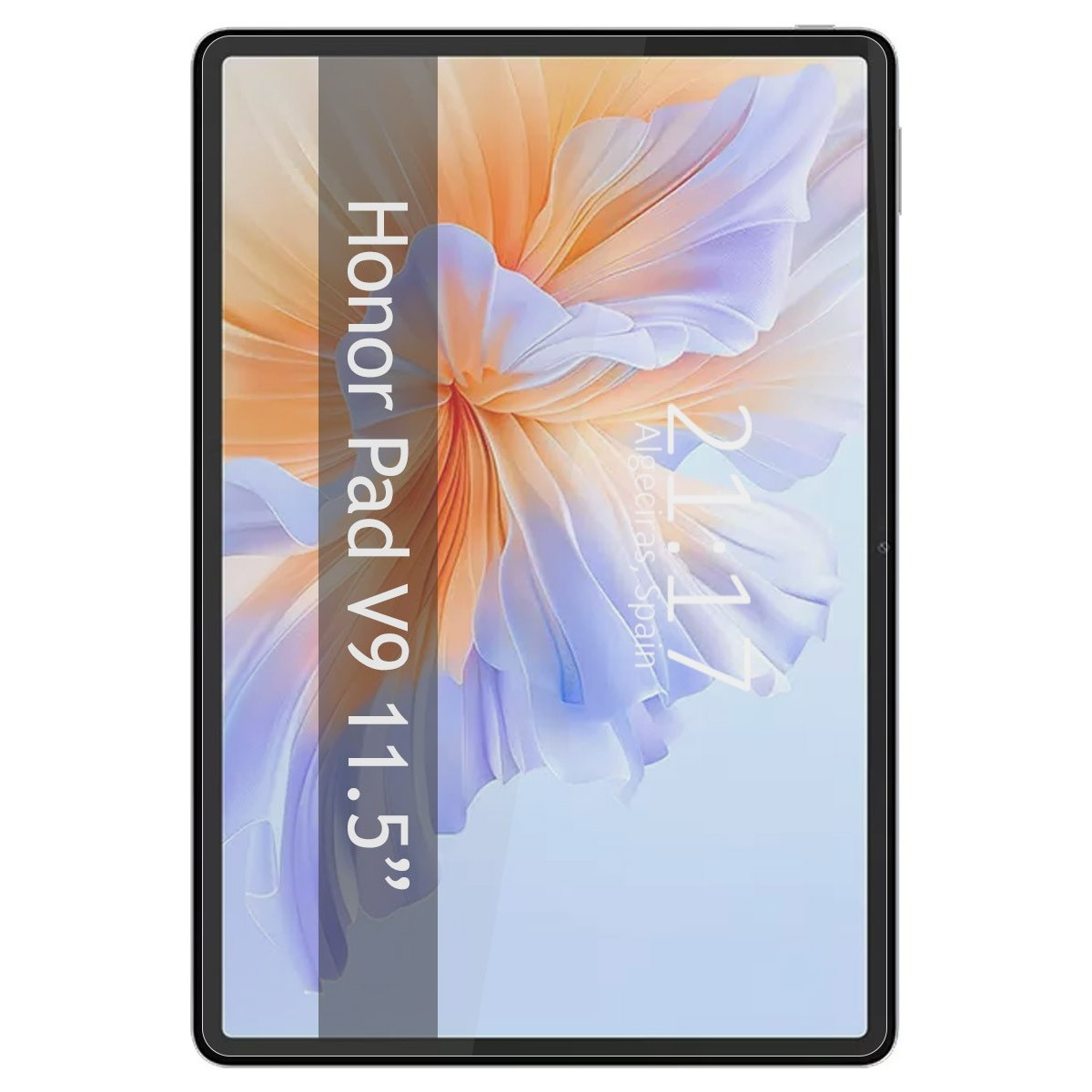 Tablet con un design floreale sullo schermo. Lo schermo mostra ora e luogo, Honor Pad V9 11.5".