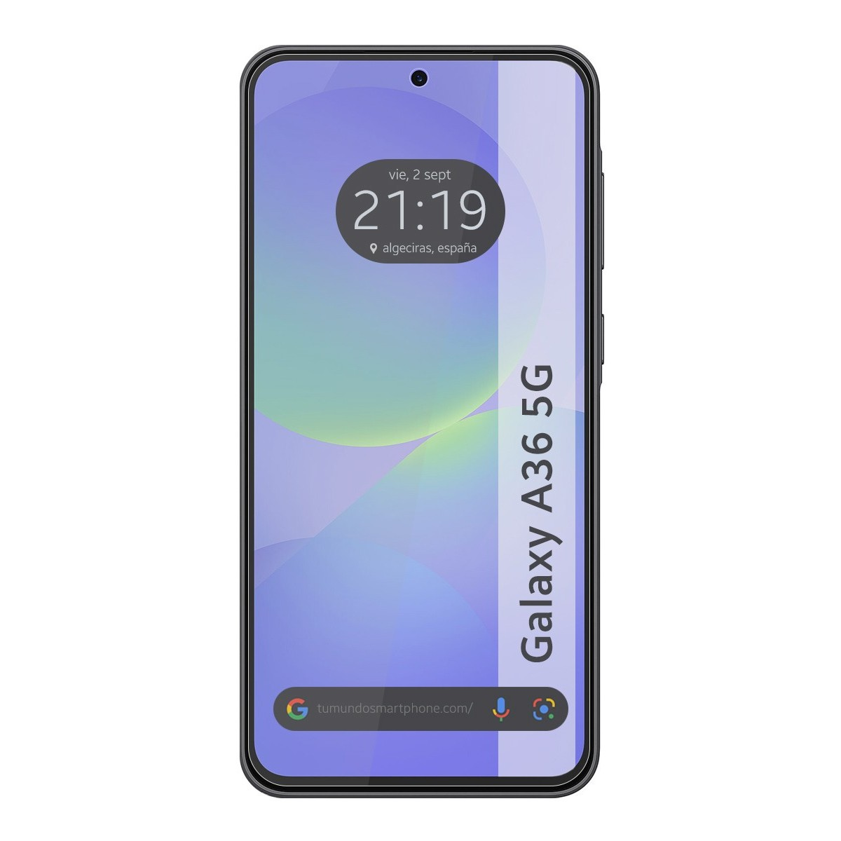 Telefono con schermo blu, schermo mostra ora e data.