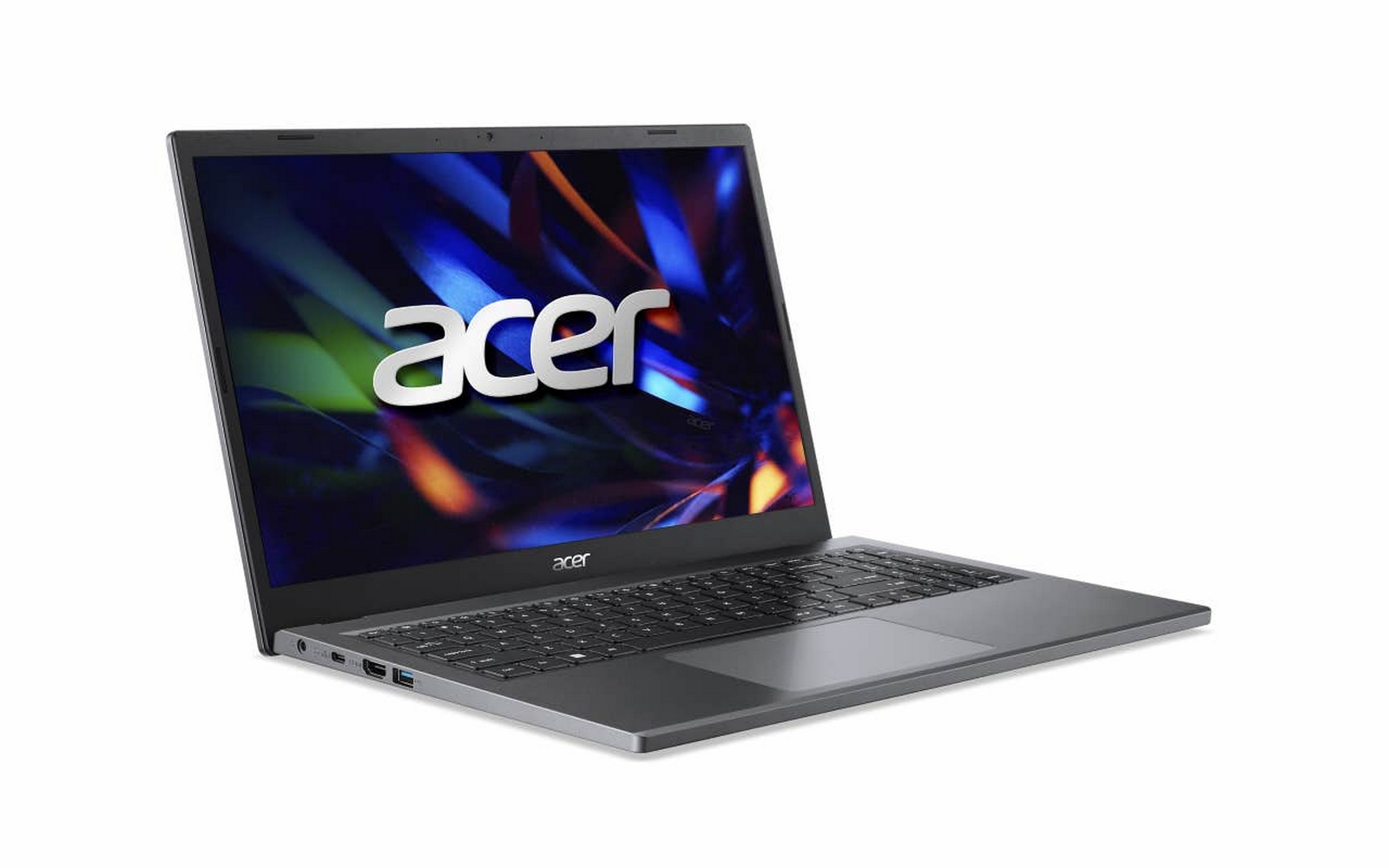 Laptop Acer su sfondo bianco. Lo schermo mostra un'immagine astratta e colorata. La tastiera è visibile.