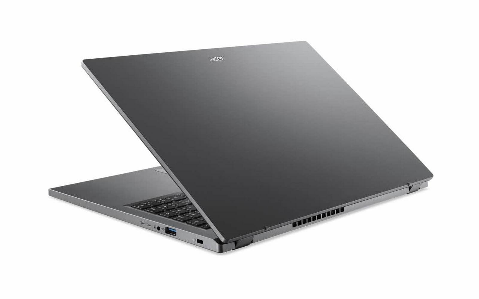 Laptop aperto ad angolo. È grigio scuro. Il marchio "acer" è visibile.
