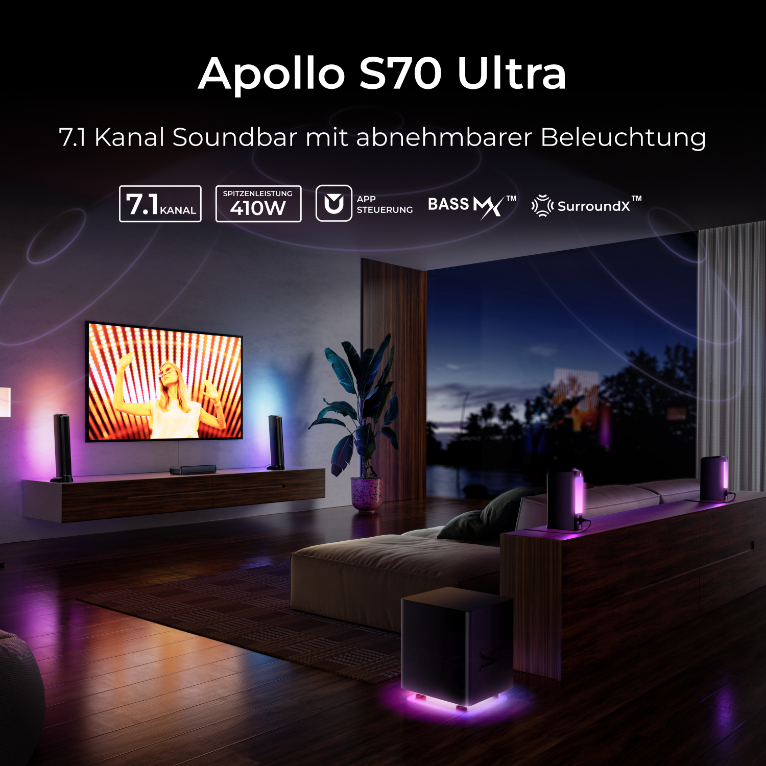 Ein Soundbar-System mit Lautsprechern und einem Fernseher an der Wand, mit Text auf Deutsch.
