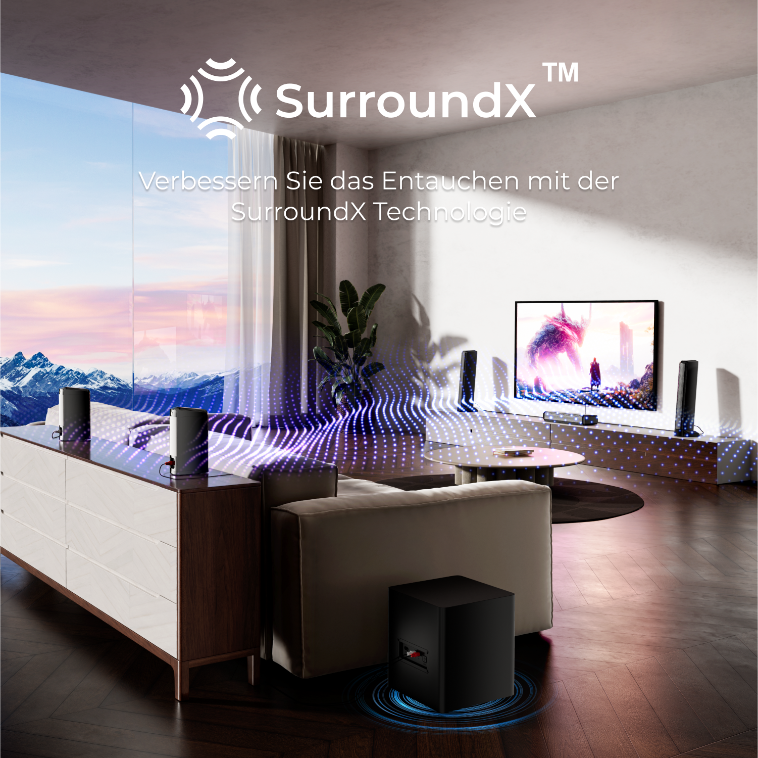 Wohnzimmer mit Lautsprechersystem, Fernseher und Bergblick.
