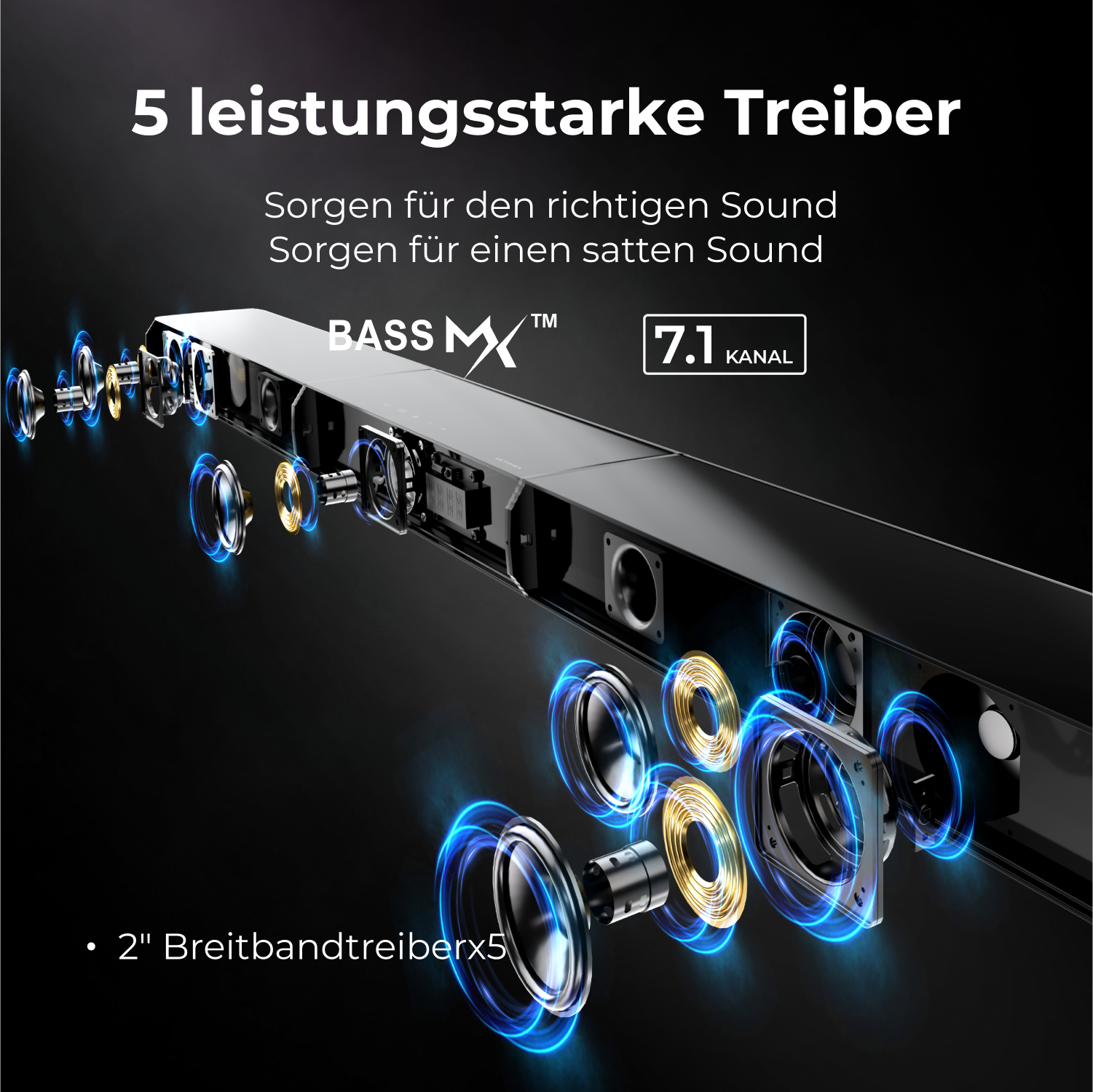 Eine schwarze Soundbar mit freiliegenden Komponenten, die blaues Licht aussenden.