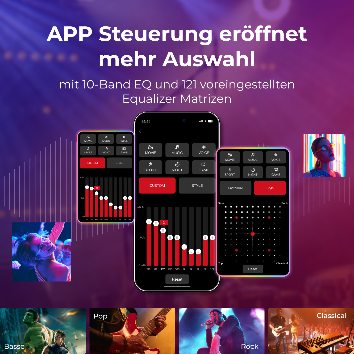 Smartphone mit Equalizer-App, mit mehreren Bildschirmen und Symbolen.