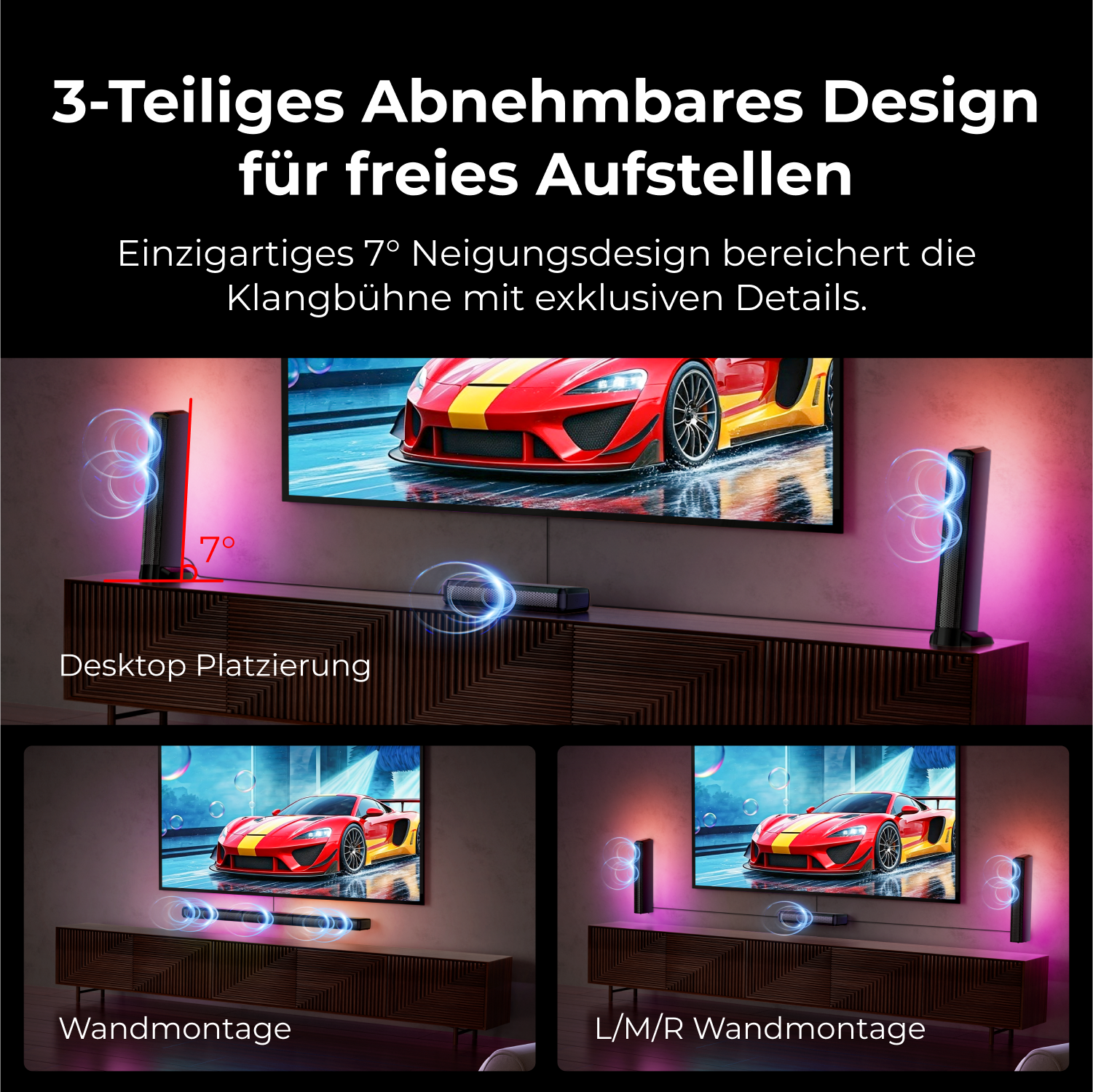 Drei Setups eines Fernsehers und Lautsprecher. Der Fernseher zeigt ein rotes Auto.