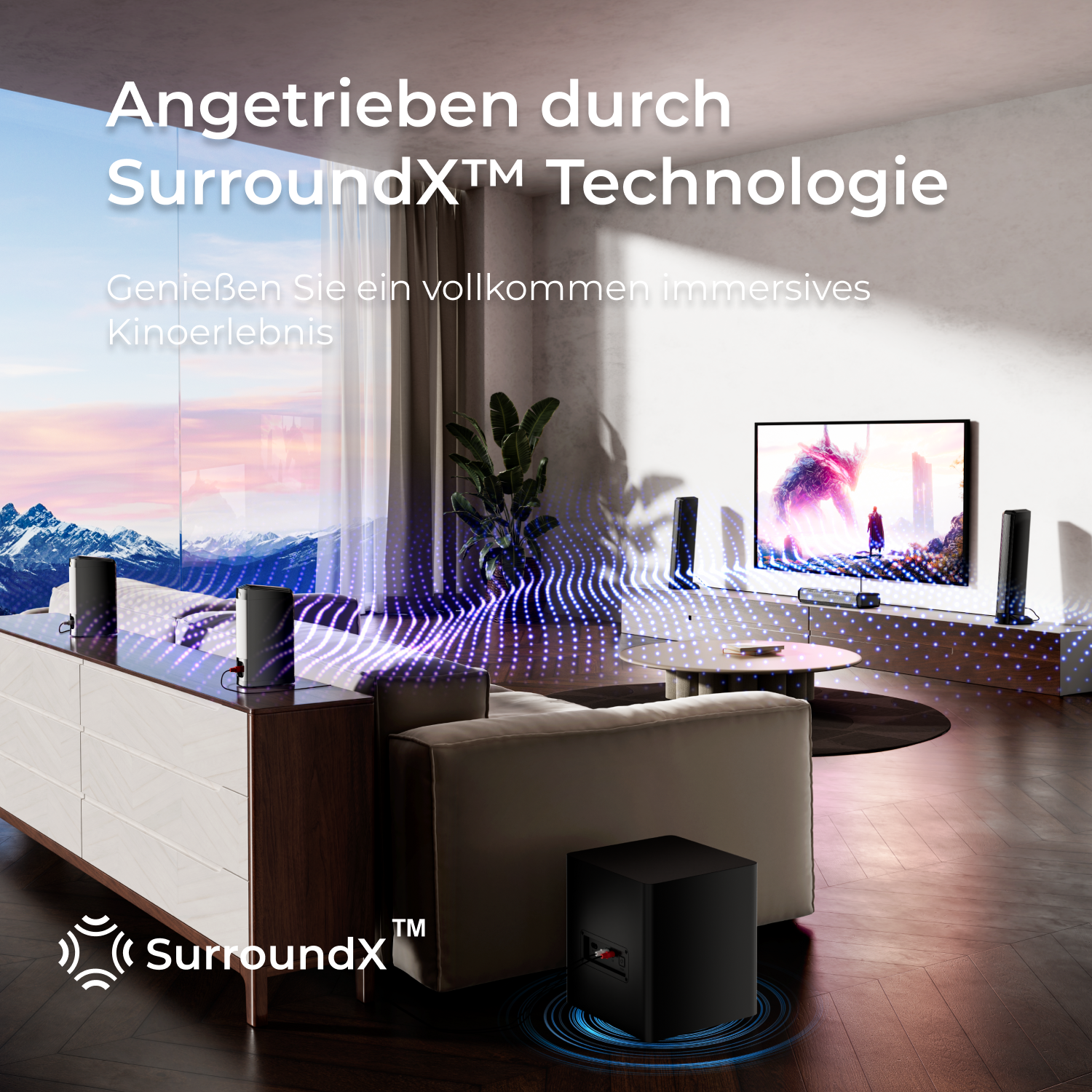 Wohnzimmer mit Soundsystem. Lautsprecher, Couch und ein Fernseher. Lila Licht umgibt den Raum.