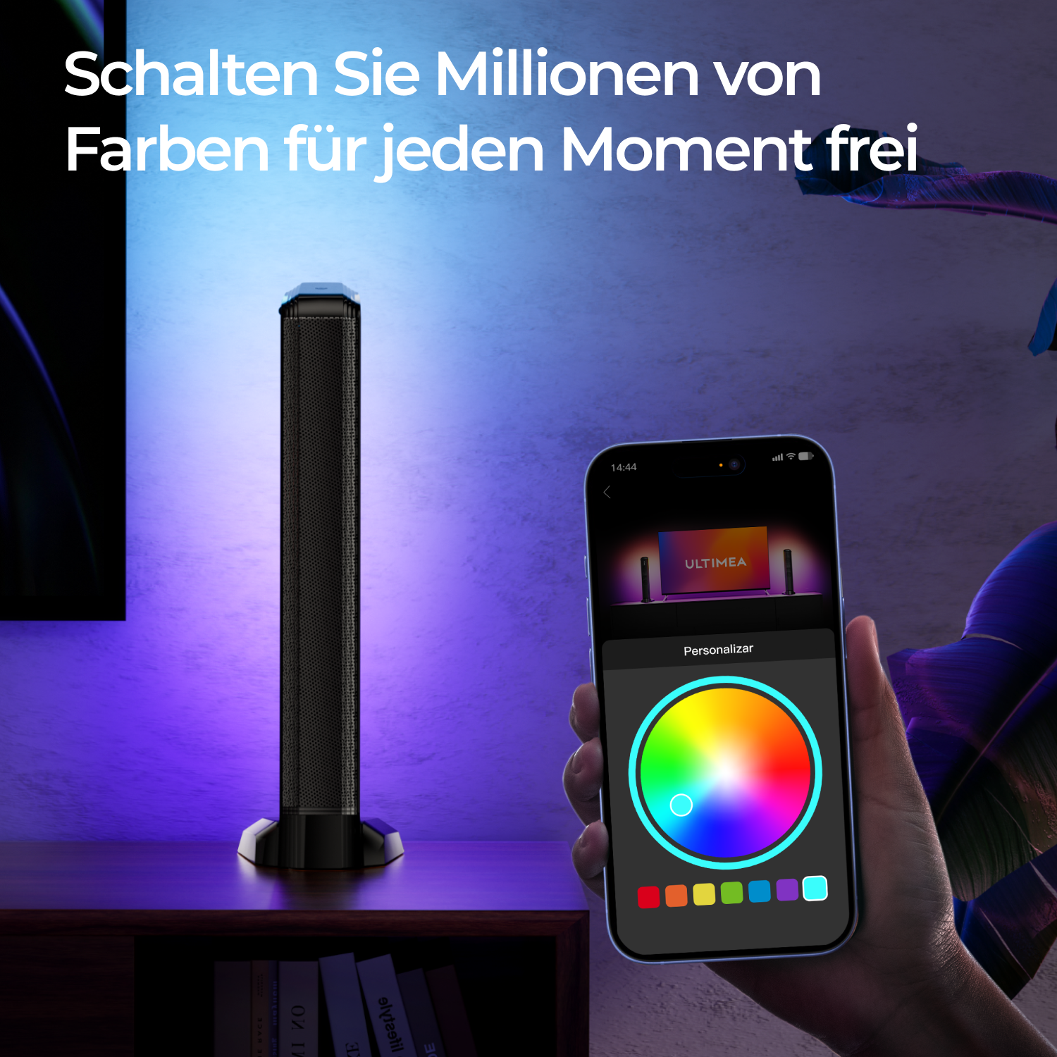 Eine turmförmige Lampe und ein Telefon mit Farbrad-Oberfläche, zeigt Lichtoptionen.