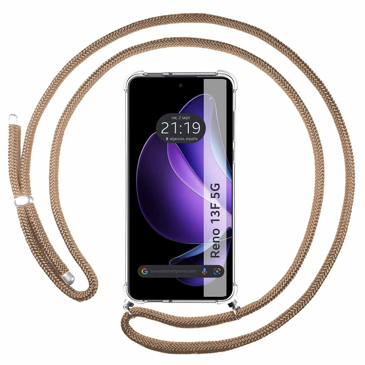 Telefono con un cordino marrone appeso, accanto allo schermo del telefono.
