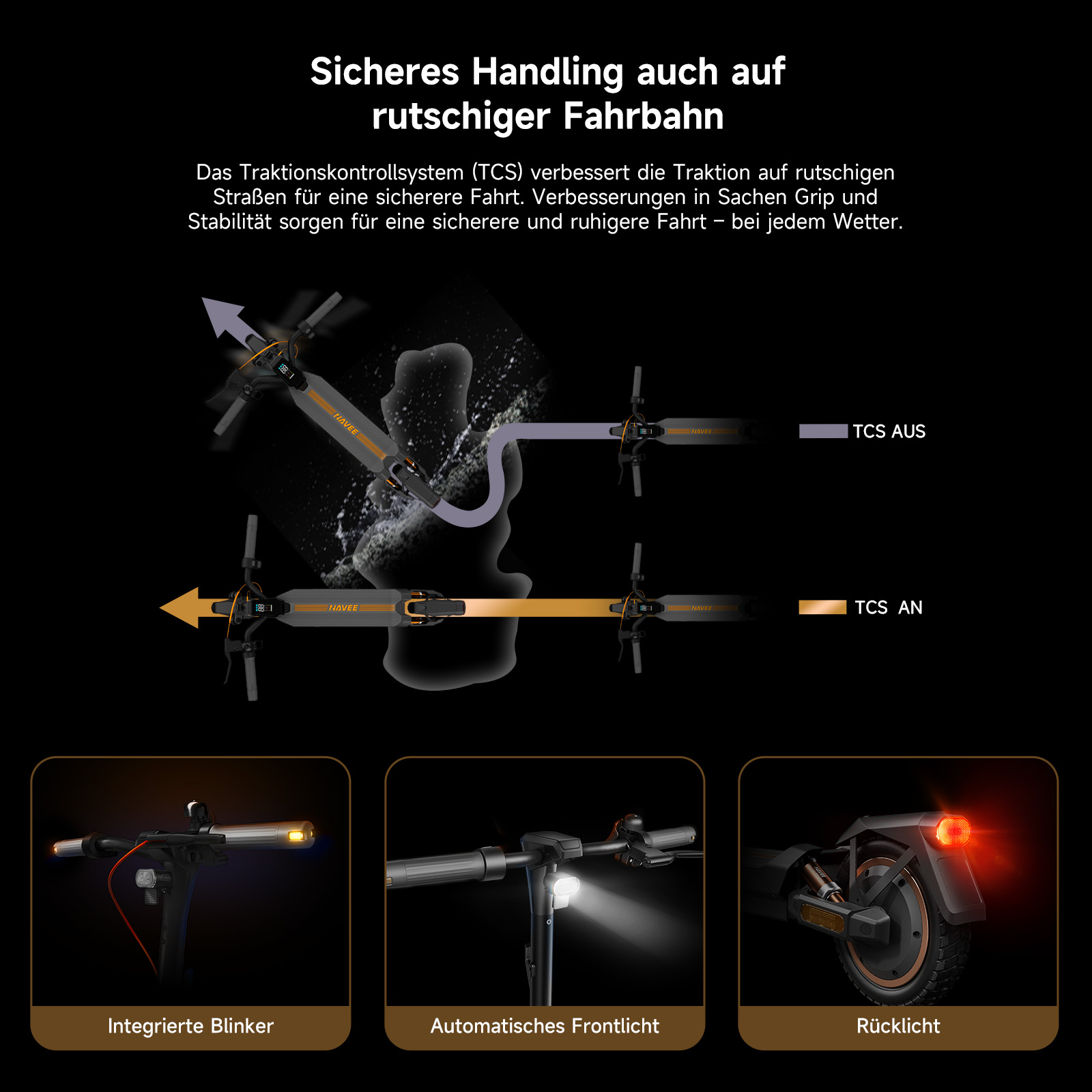Diagramm zeigt einen Roller mit Traktionskontrolle, mit Roller mit integrierten Blinkern und Rücklicht.