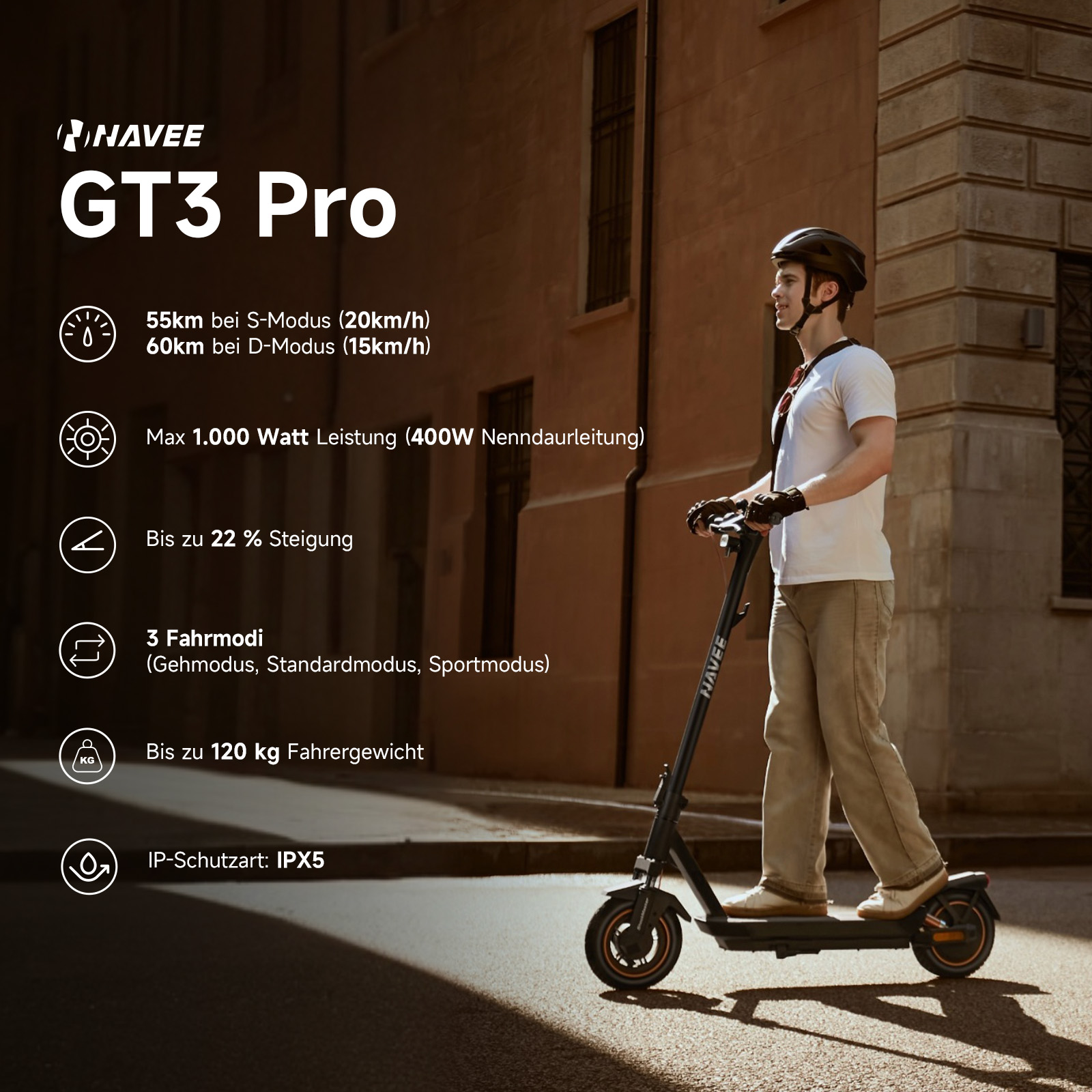 Ein Mann fährt einen NAVEE GT3 Pro E-Scooter auf einer Straße.