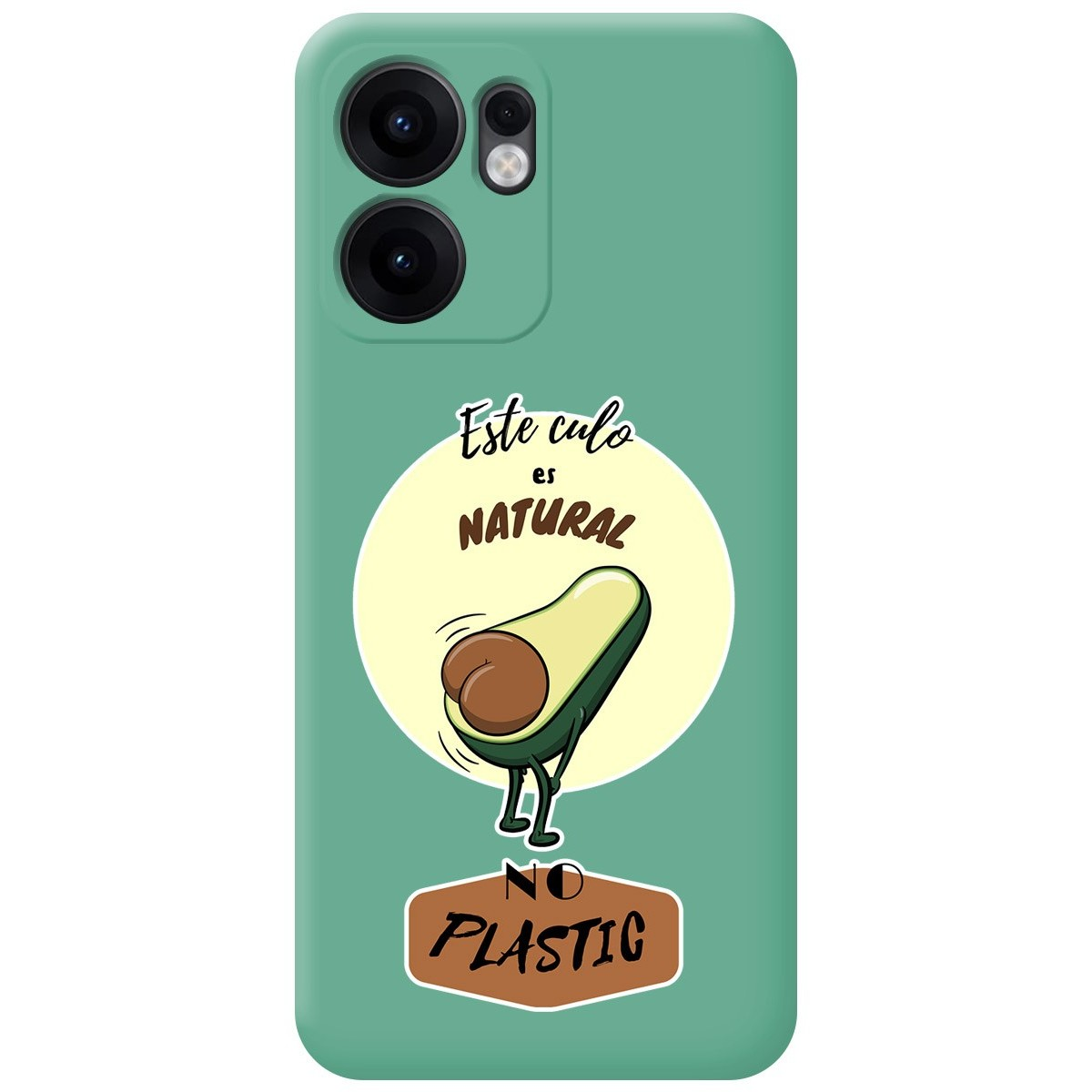 Funda de teléfono con una ilustración de aguacate y un teléfono inteligente que muestra la hora y la ubicación.