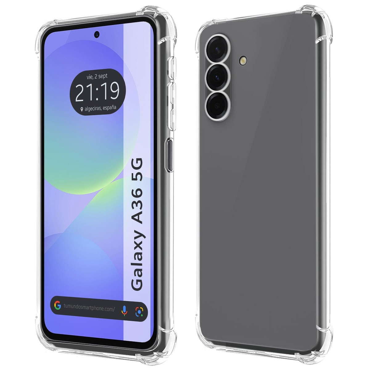 Un telefono Galaxy A36 5G in una custodia trasparente. Lo schermo mostra l'ora e il luogo Algeciras, Spagna.