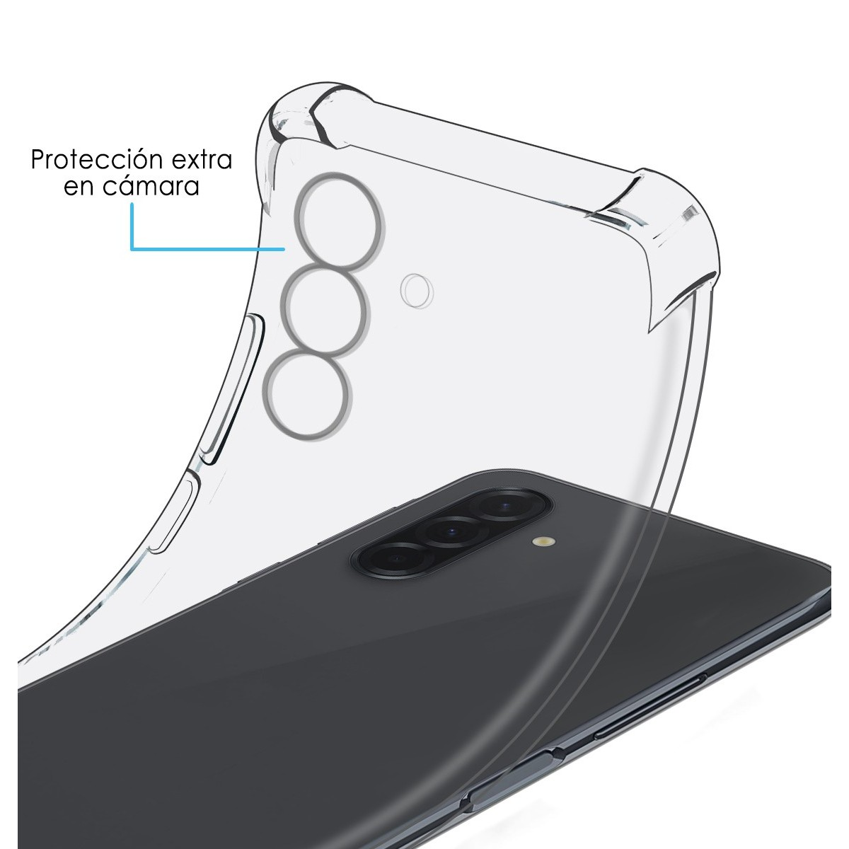 Uno smartphone e una custodia trasparente. La custodia ha una protezione extra attorno alla fotocamera.