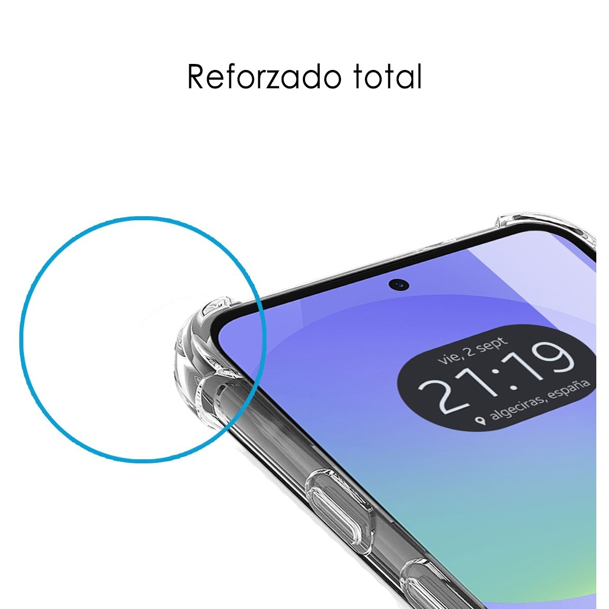 Un primo piano di uno schermo del telefono con una custodia protettiva trasparente.
