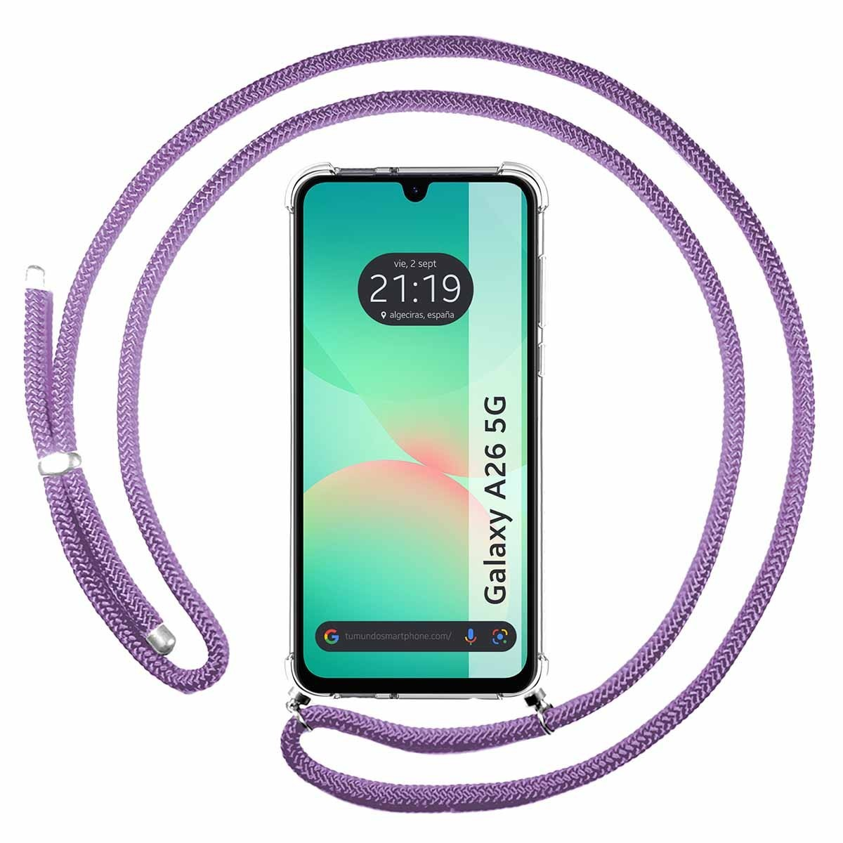 Uno smartphone con cordino viola. Lo schermo mostra l'ora e il luogo.