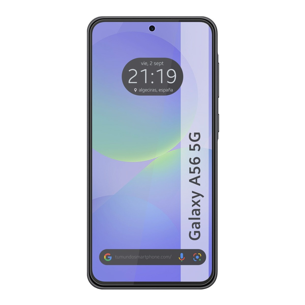 Telefono nero con ora e luogo sullo schermo. Testo Galaxy A56 5G. Telefono nero.