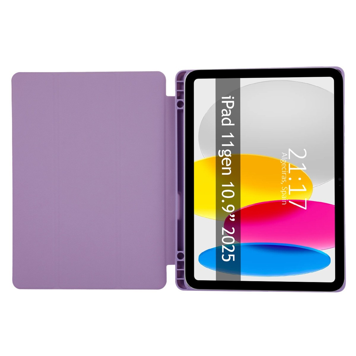 Funda de tableta, color morado. La tableta muestra la hora y la fecha. La pantalla de la tableta es colorida.