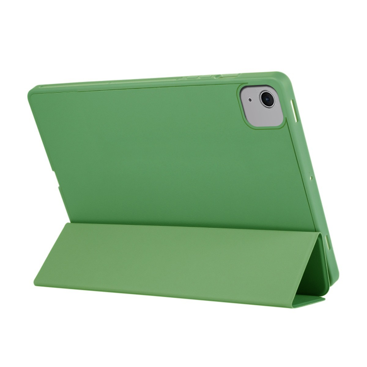 Funda de tableta verde abierta. La tableta está colocada dentro.