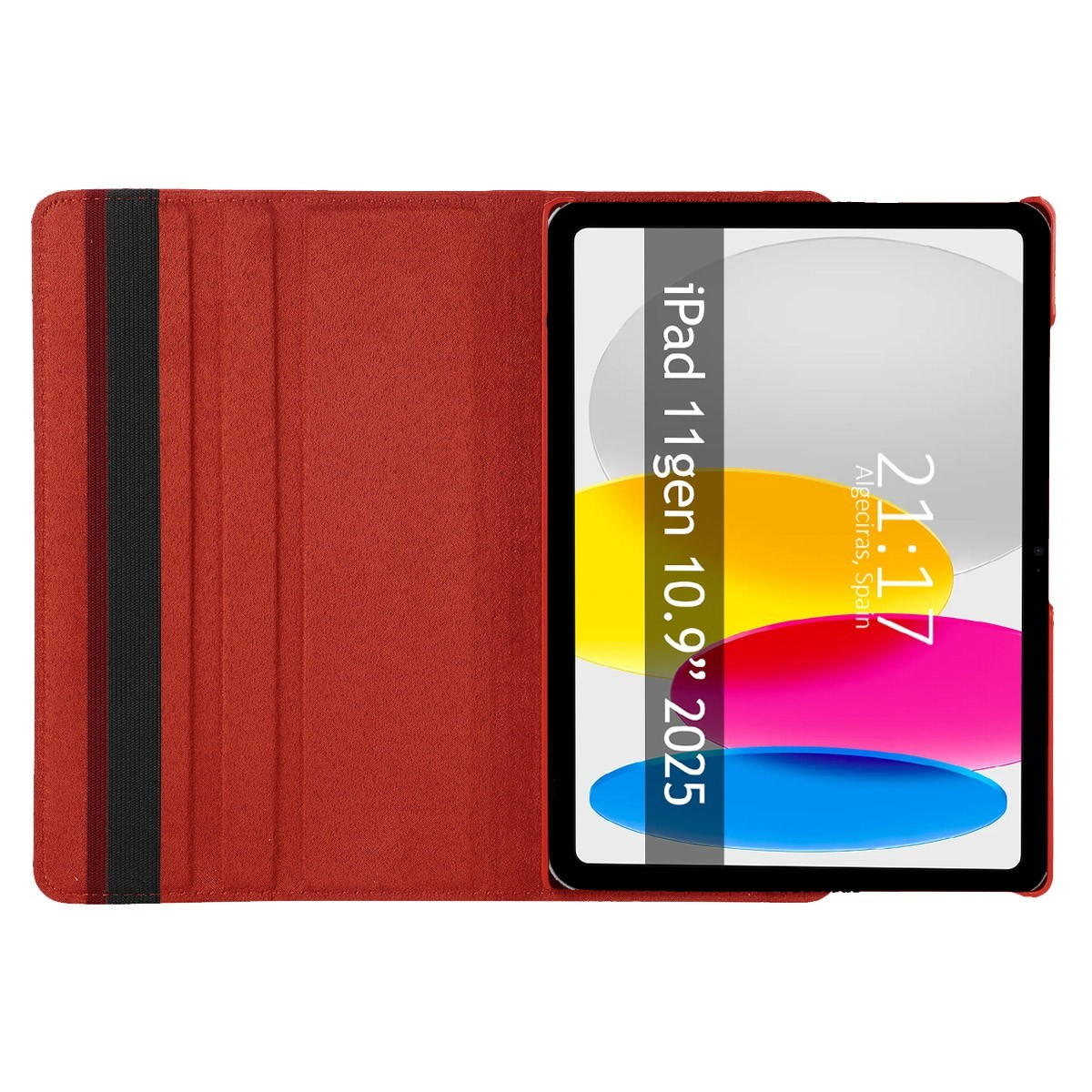 Funda roja para iPad, abierta para mostrar la pantalla del iPad. Se muestra una hora y una fecha.