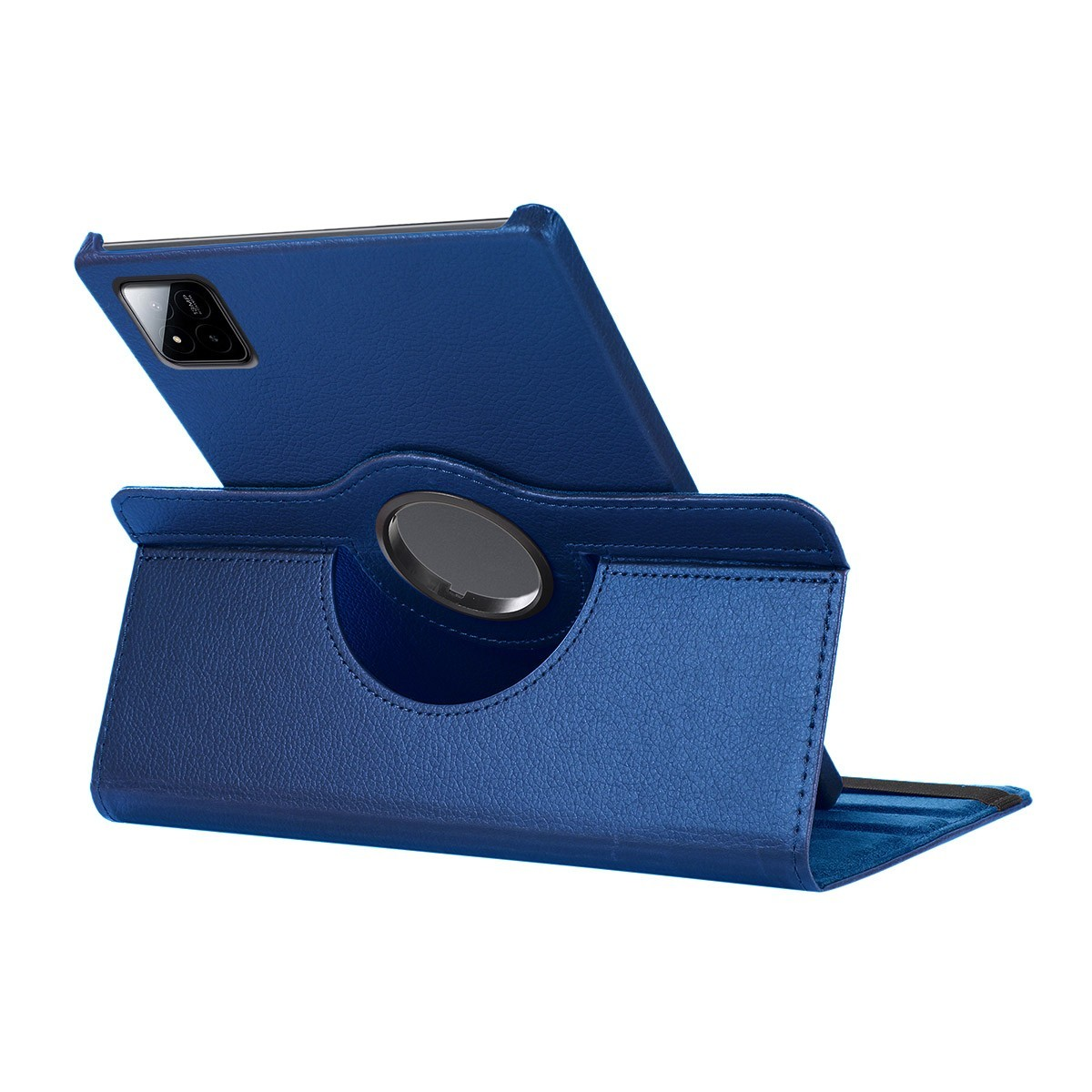 Una funda de teléfono azul con soporte. El teléfono es negro.