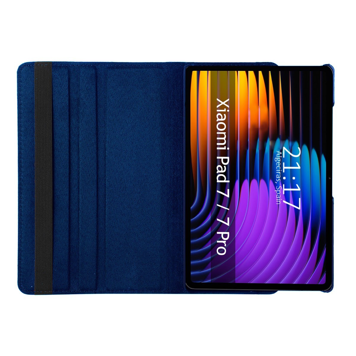 Funda de tableta azul abierta, mostrando pantalla con gráfico colorido.