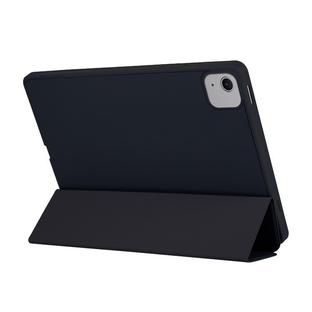 Tableta negra con una funda abierta y en posición vertical.