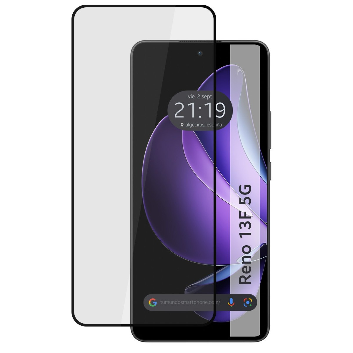 Pantalla del teléfono con protector de pantalla. Muestra la hora y las palabras Reno 13F 5G.