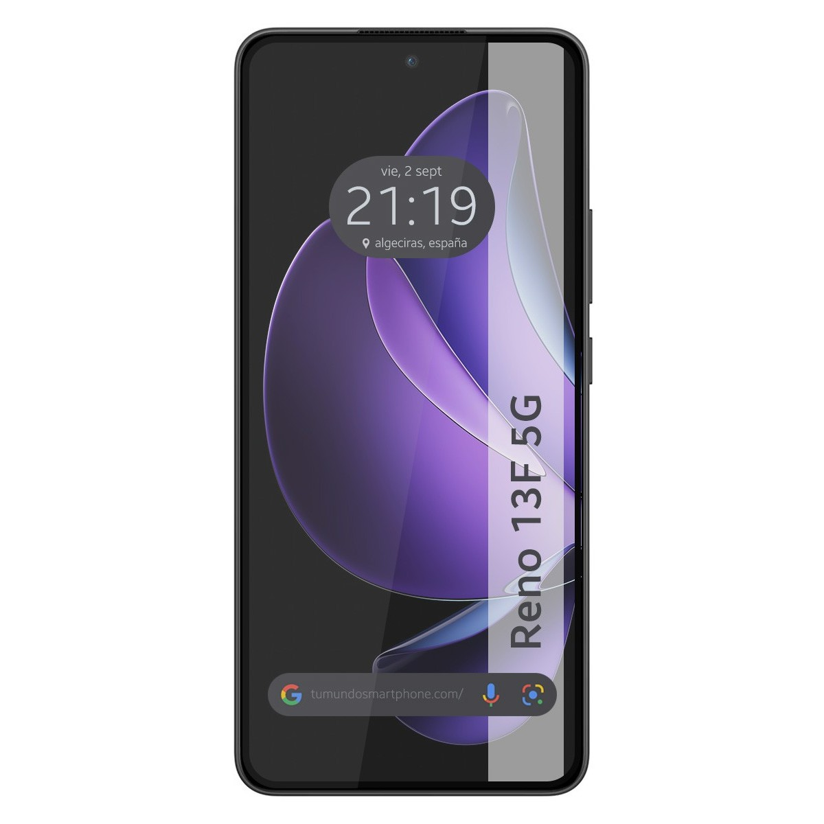 Pantalla de teléfono con protector, mostrando hora, fecha y nombre del modelo del teléfono.