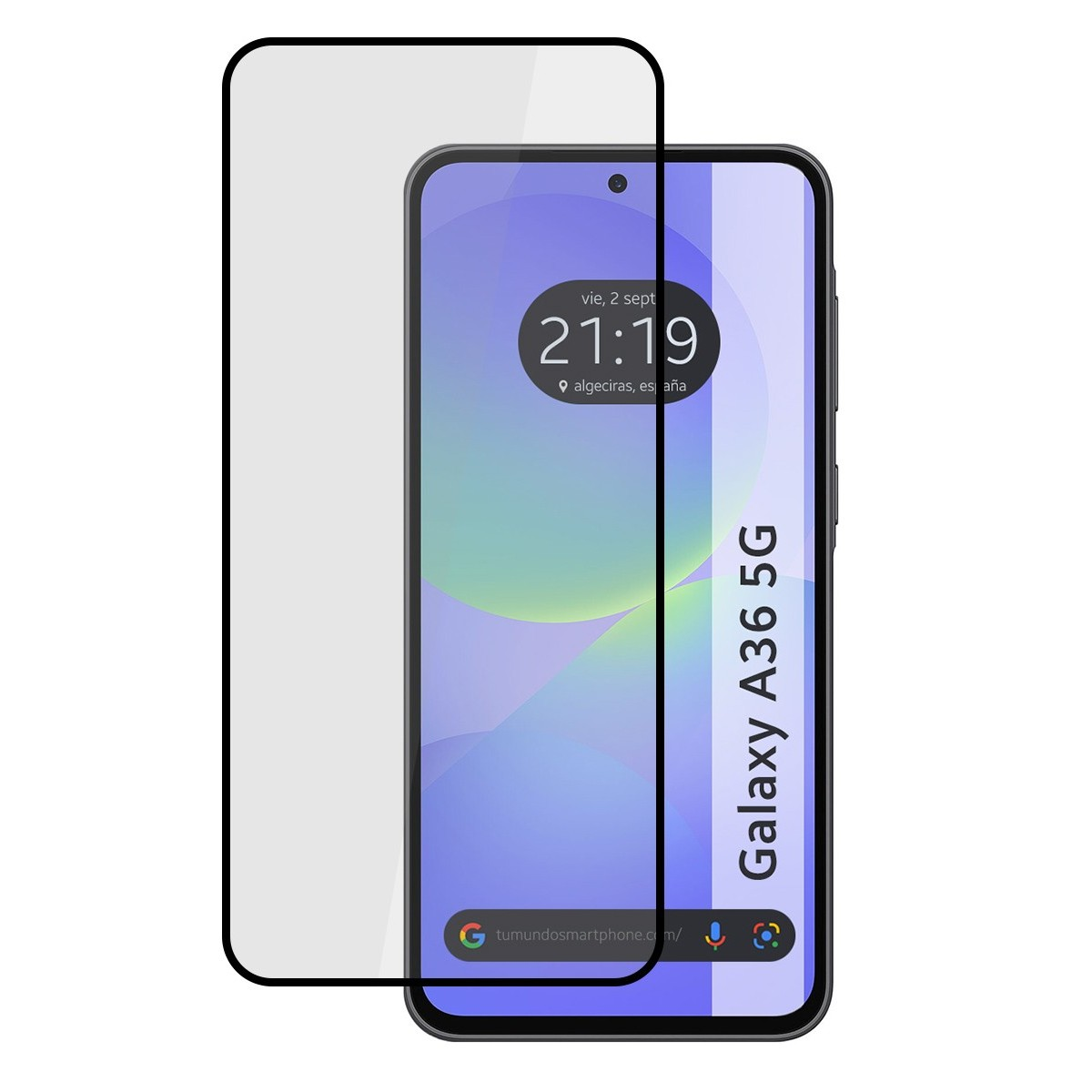 Telefono con protezione schermo. Lo schermo mostra ora e luogo, Galaxy A36 5G è scritto.