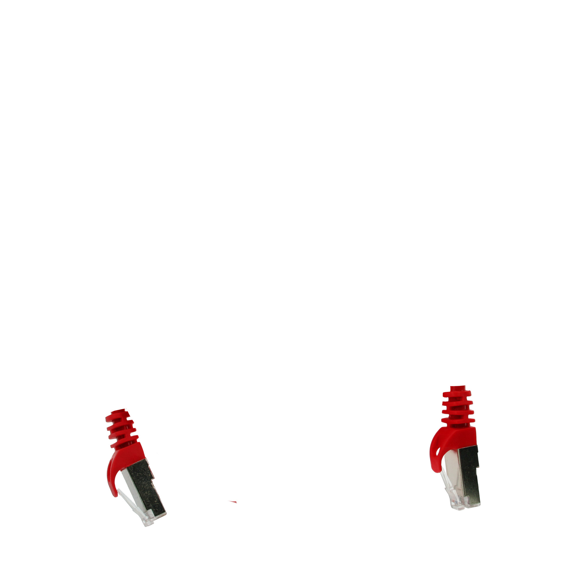 Due connettori RJ45 rossi con estremità rosse su sfondo bianco.