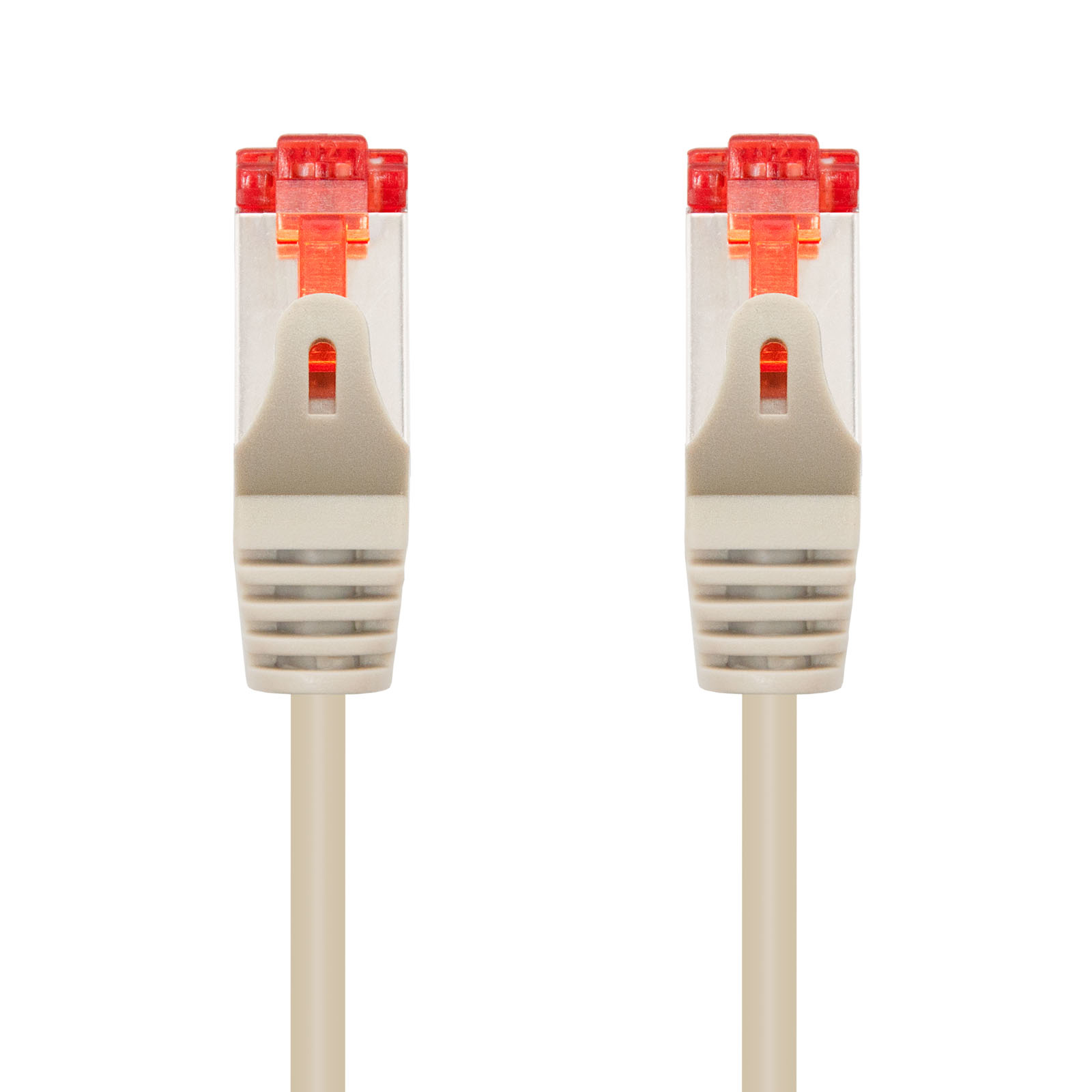 Dos cables de red beige con cabezales de conector naranja.