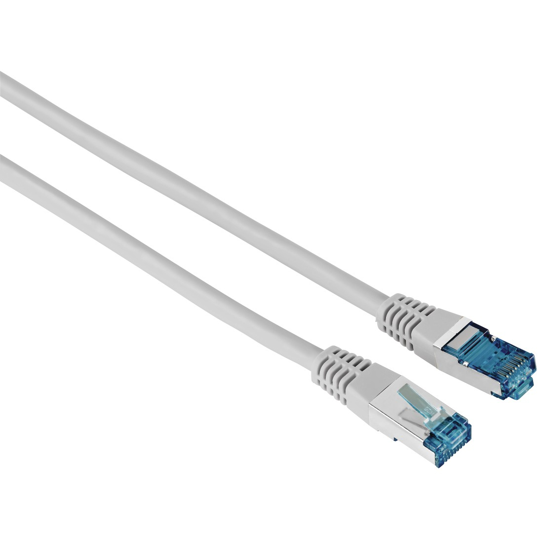 Zwei graue Ethernet-Kabel mit blauen Steckern. Die Kabel sind gerade.