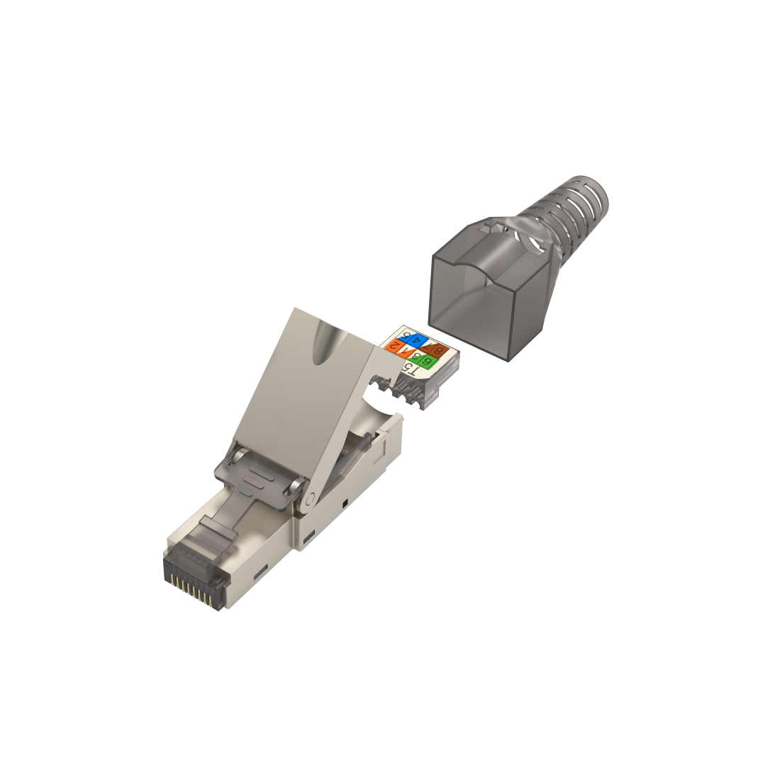 RJ45-Stecker mit separaten Teilen. Der Stecker hat ein graues Gehäuse und freiliegende Innenverkabelung.