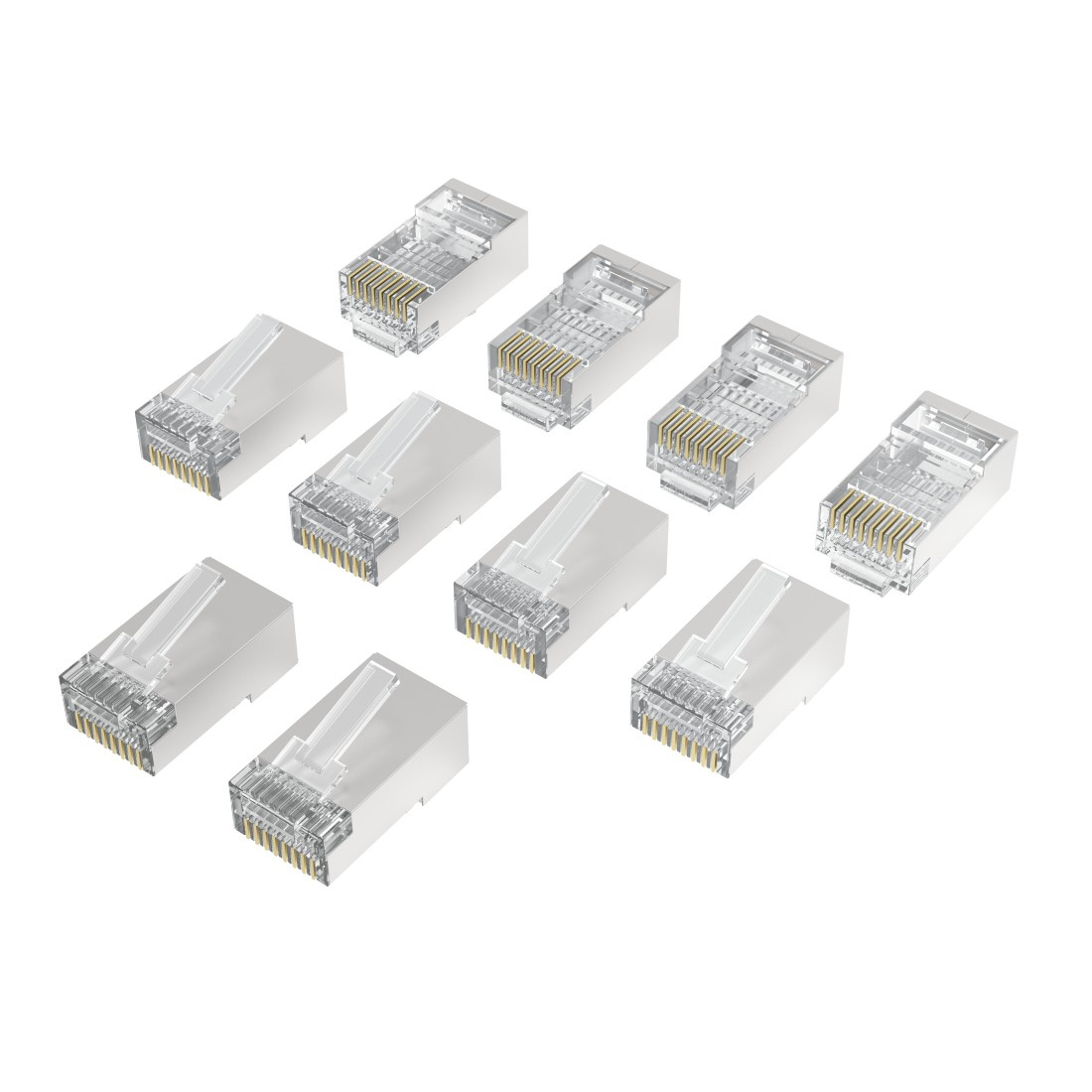 Eine Sammlung von RJ45-Steckern, klarem Kunststoff über Metall. Sie befinden sich auf einer weißen Oberfläche.