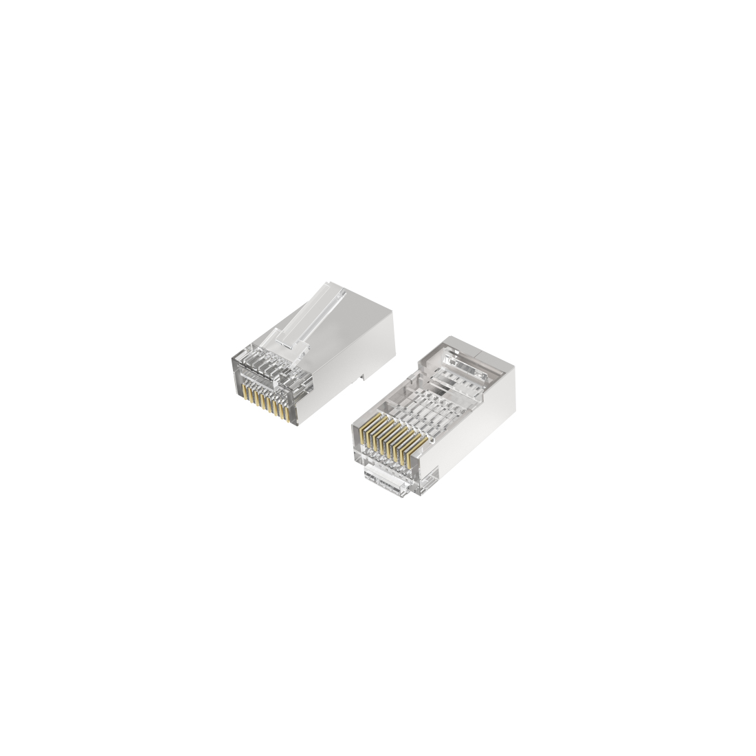 Zwei RJ45-Anschlüsse befinden sich auf weißem Hintergrund. Sie sind transparent mit goldfarbenen Stiften im Inneren.