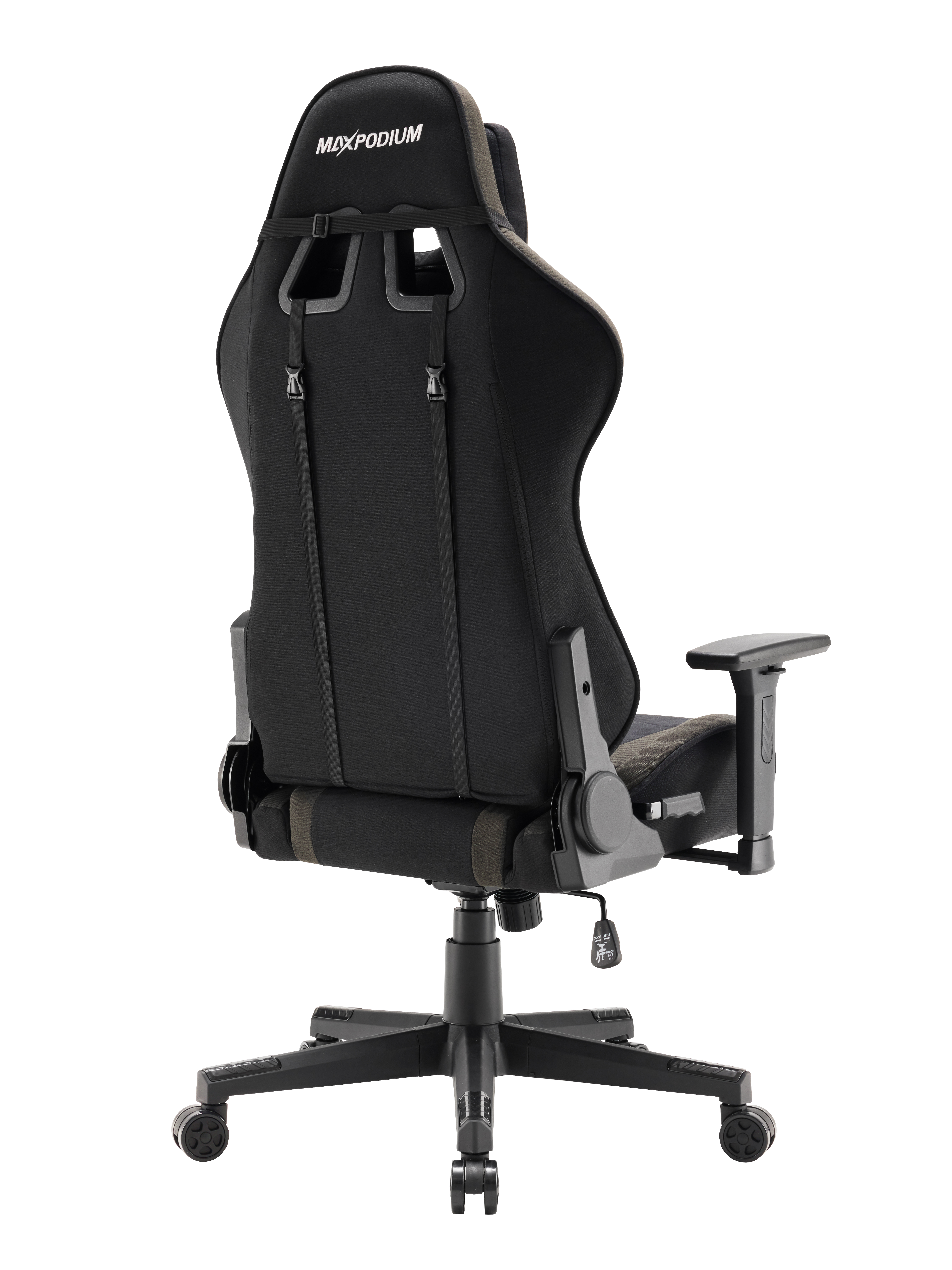Chaise de jeu noire et grise vue de dos. Elle a des roues, des accoudoirs et la marque MAXPODIUM.