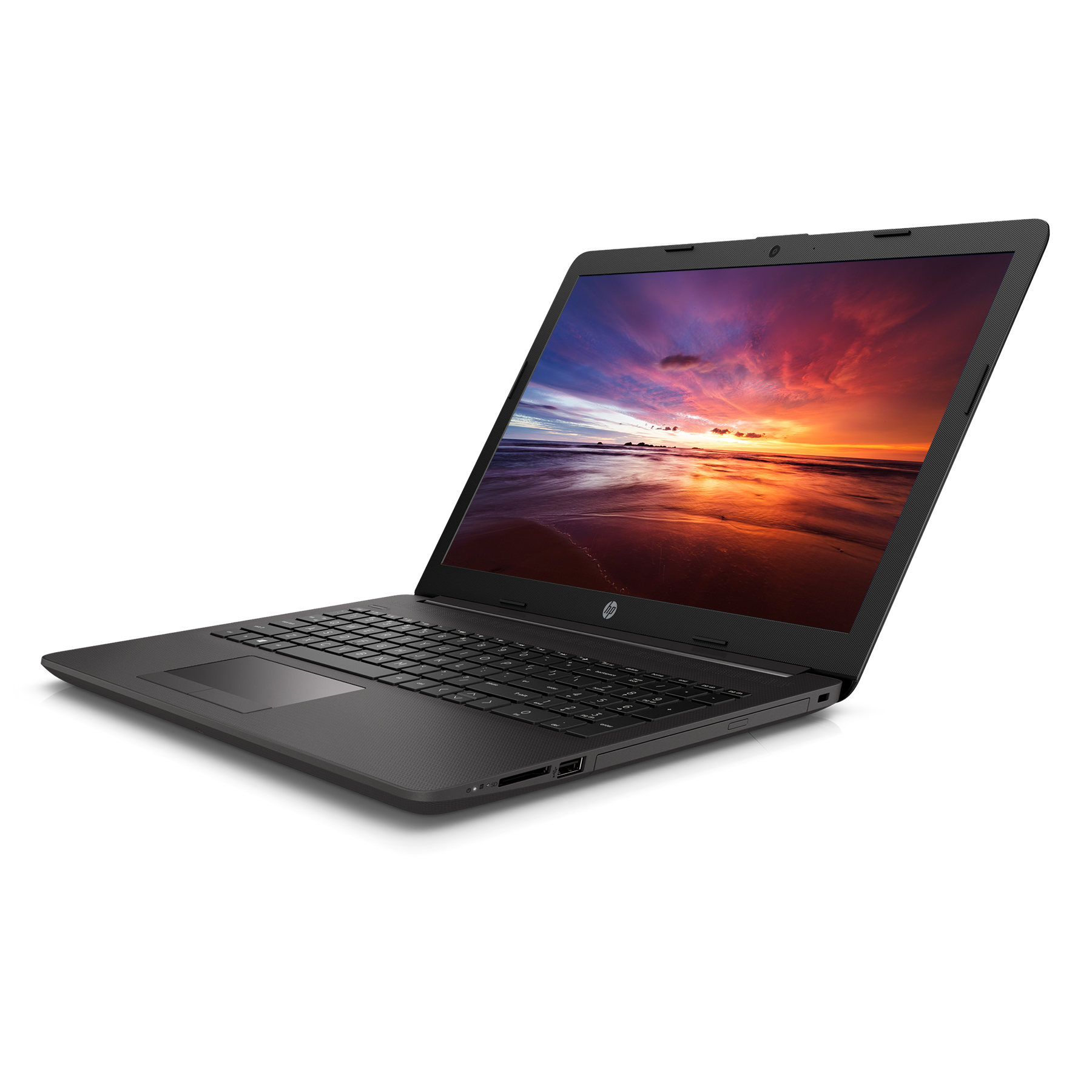 Ein schwarzer Laptop auf weißem Hintergrund. Der Bildschirm zeigt einen Sonnenuntergang über dem Meer.